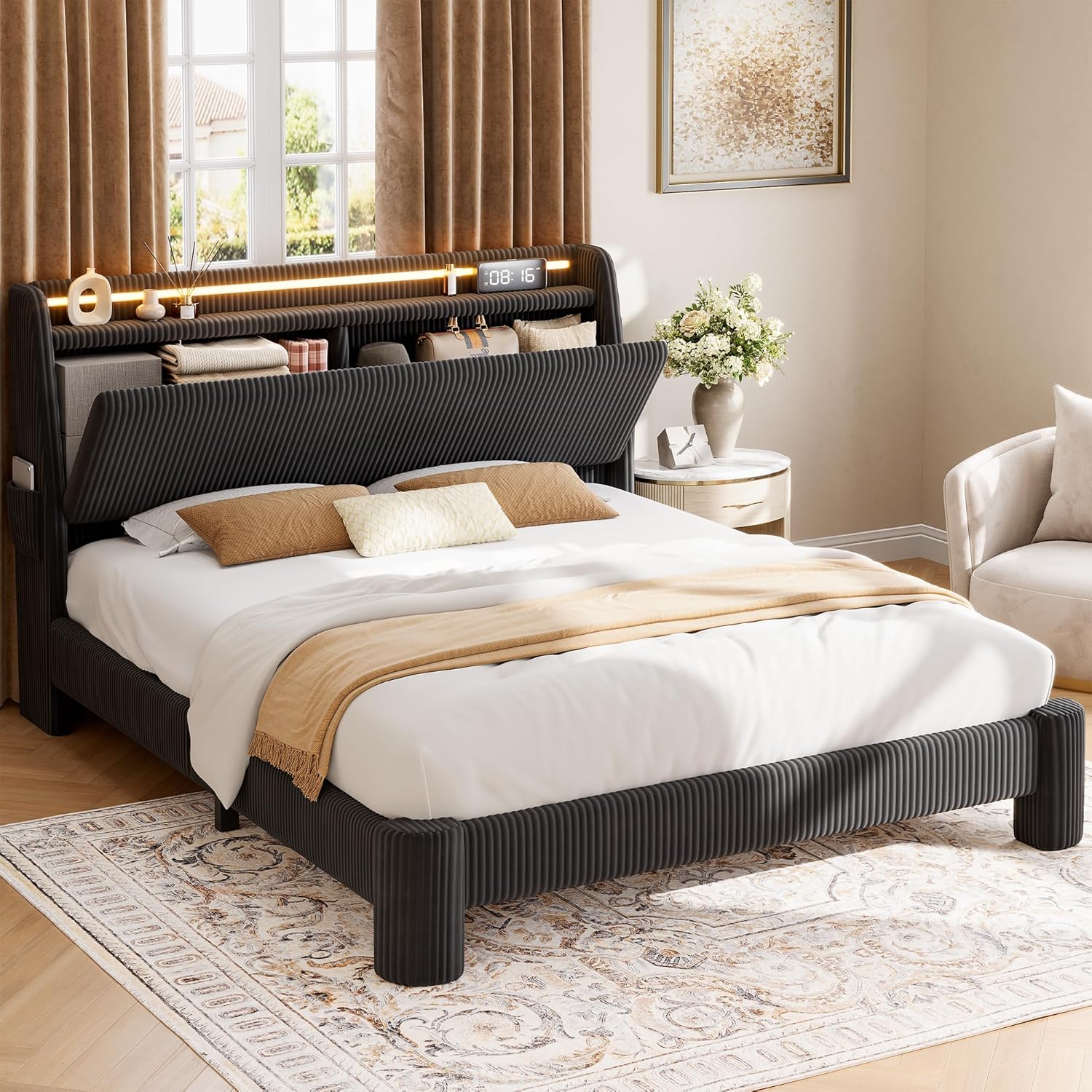 Upholstered Full LED Bed Frame with Hidden Storage Headboard and Charging Station, Corduroy Platform Bed with Wingback, Heavy Duty Wood Slats, No Box Spring Needed, Noise-Free, Black