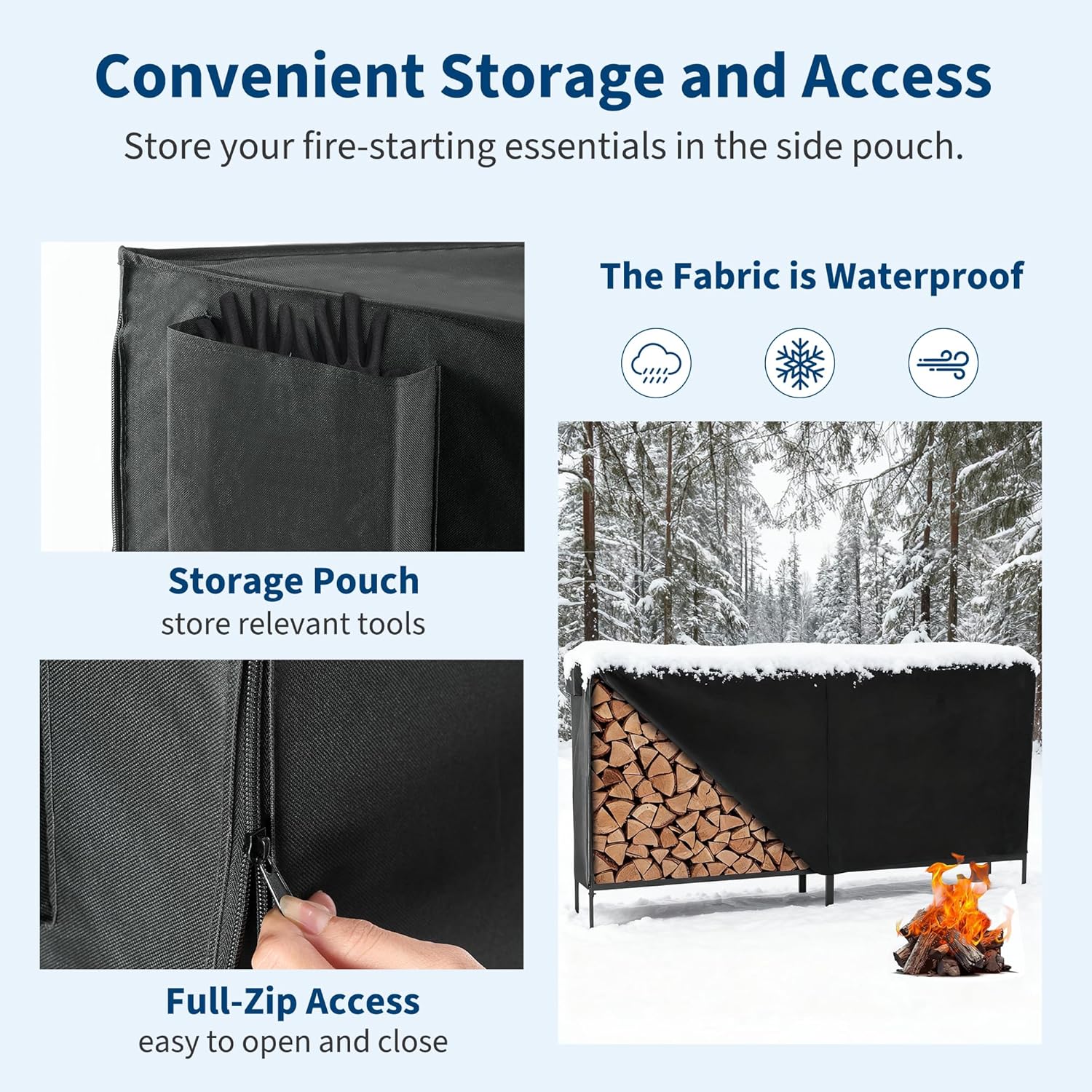 DUMOS 8FT Heavy Duty Firewood Storage Rack, Firewood Storage Log Rack with Cover and Zipper, Indoor Outdoor Wood Racks for Fire Wood Holder, Black