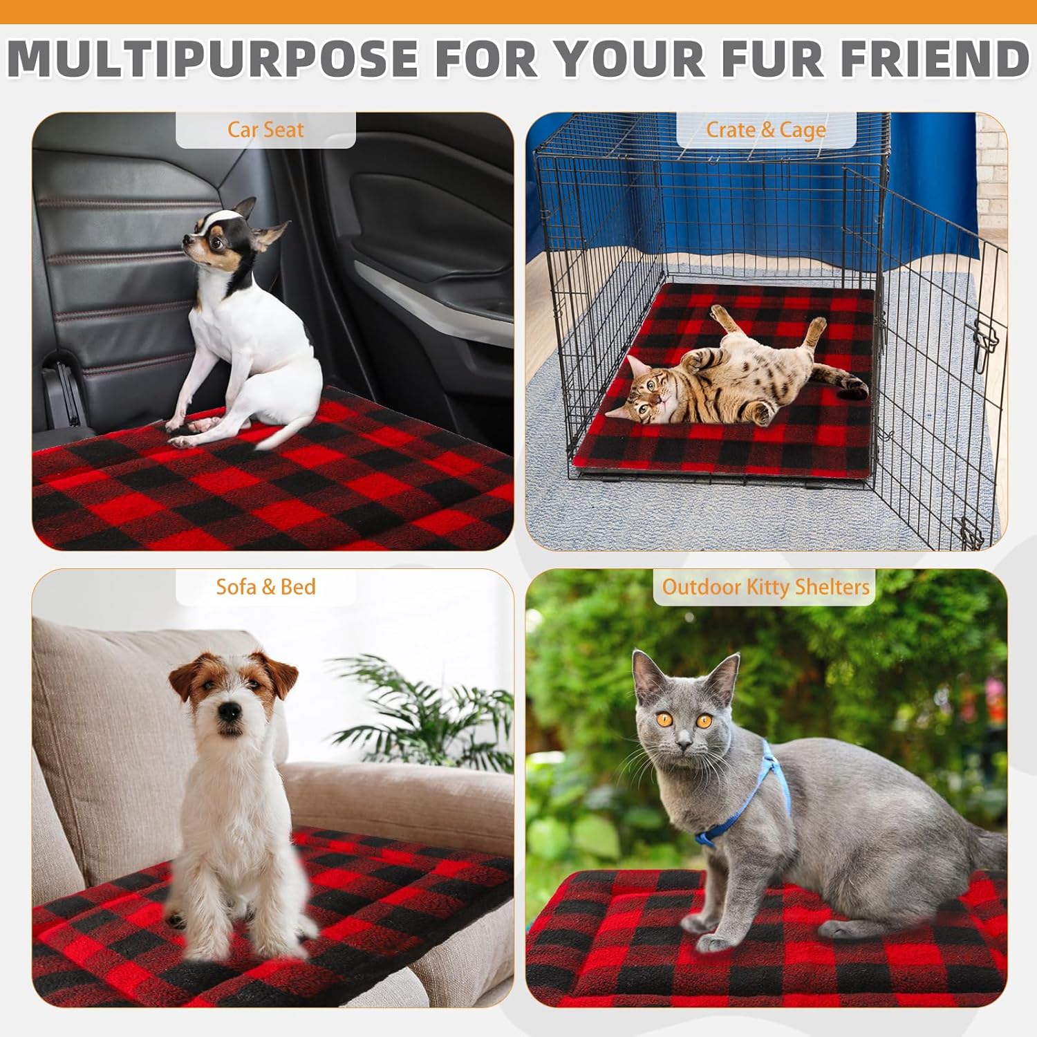 KOOLTAIL Self Warming Cat Bed, Christmas Plaid Pet Heated Pad for Indoor Outdoor Cats, Soft Thermal Double Used Warm Dog Mat, Washable Kitten Puppy House Blanket for Floor, Window Perch, Desk, Red
