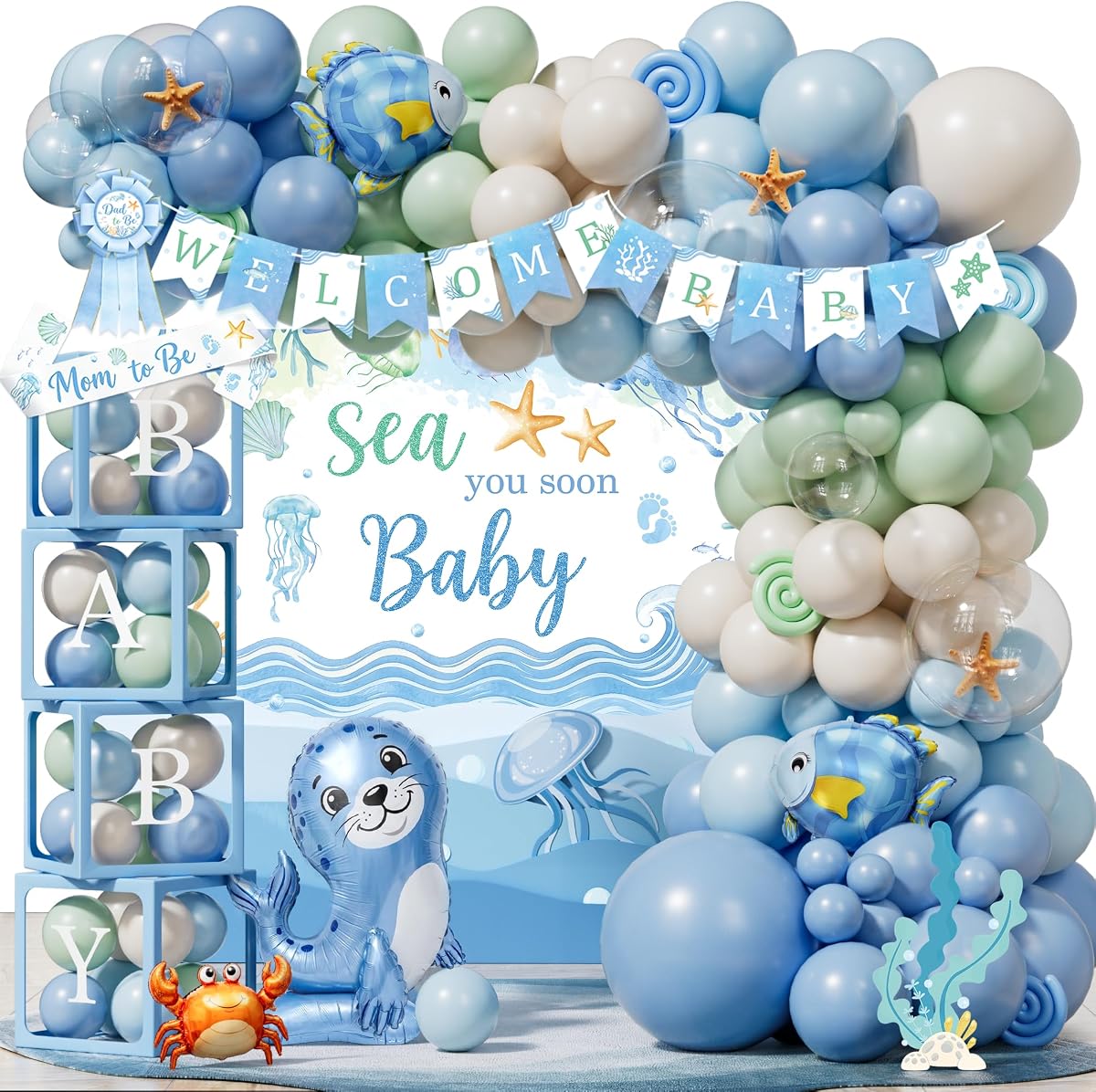 Under the Sea Baby Shower Decorations, All-in-One Sea You Soon Baby Shower Boy Party Decoration Kit with Balloon Arch Backdrop for Summer UnderWater Ocean Animal Theme Baby Shower Decorations Boys