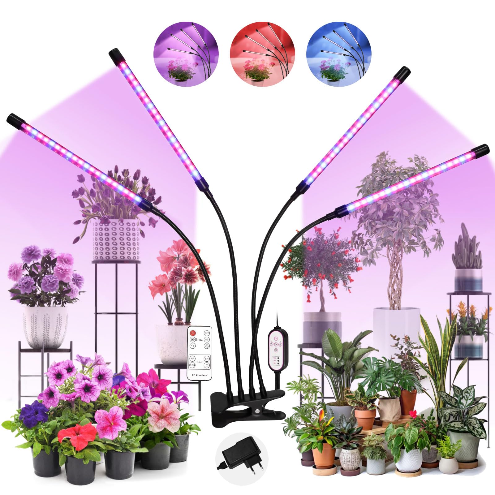 Pflanzenlampe LED, Pflanzenlicht 80 LEDs, Wachstumslampe für Pflanzen, 4000K Pflanzenleuchte, Grow Light mit 10 Helligkeit, 3 Lichtmodi, 4 Köpfe，Wachstumslampe mit automatischem ON/OFF 4/8/12H Timer