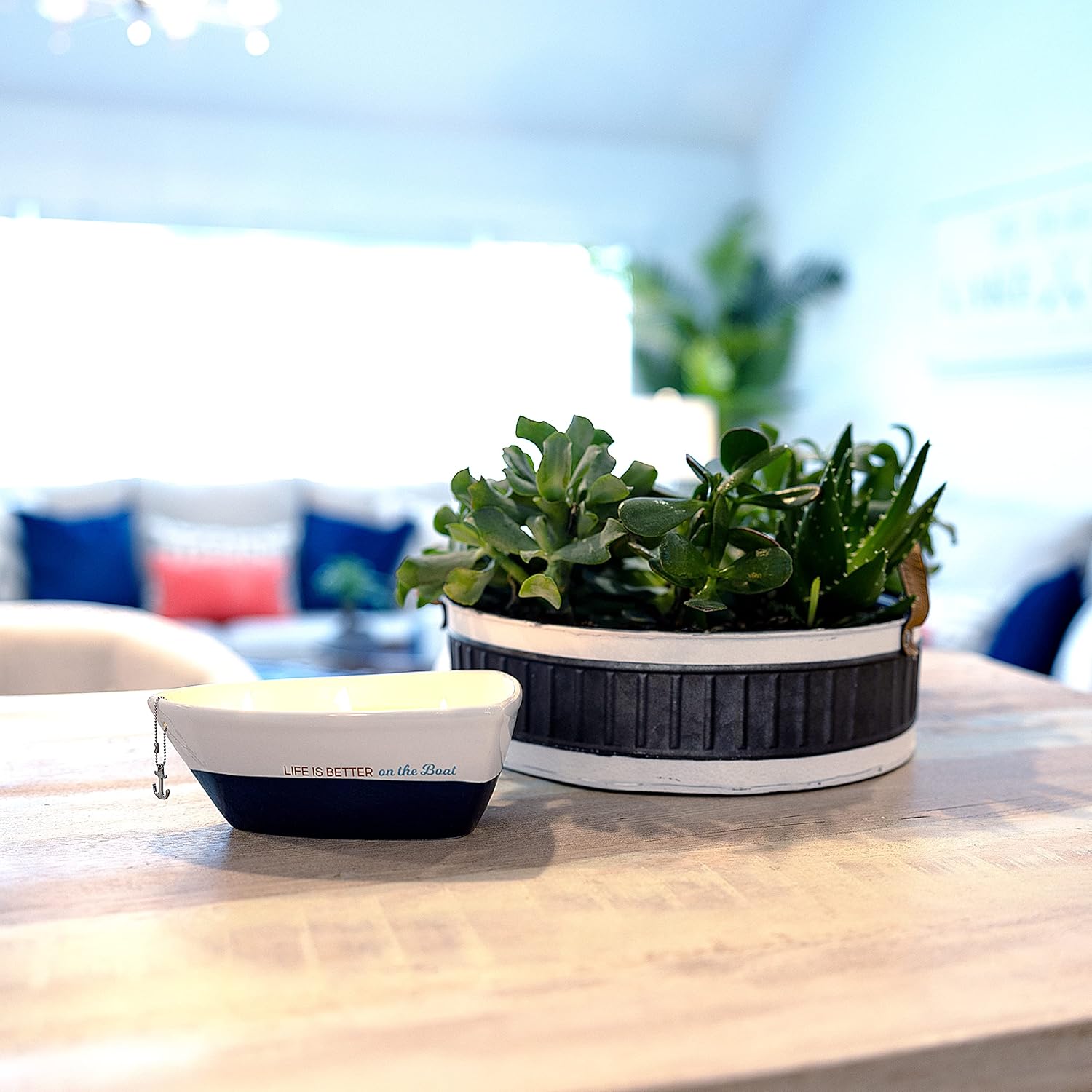 Pavilion Gift Company Life is Better 10 Oz Triple Wick Candle in Ceramic Boat Dish, Blue, 67770, 67770, 67770, 67770 - Image 4