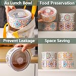 Bol en céramique avec couvercle, Micro-ondes Safe, Ensemble de 4 | Contenants pour soupes, préparation de repas, céréales, restes de salades - Pique-nique, Camping, Déjeuner de bureau - 20 oz, B-Pattern
