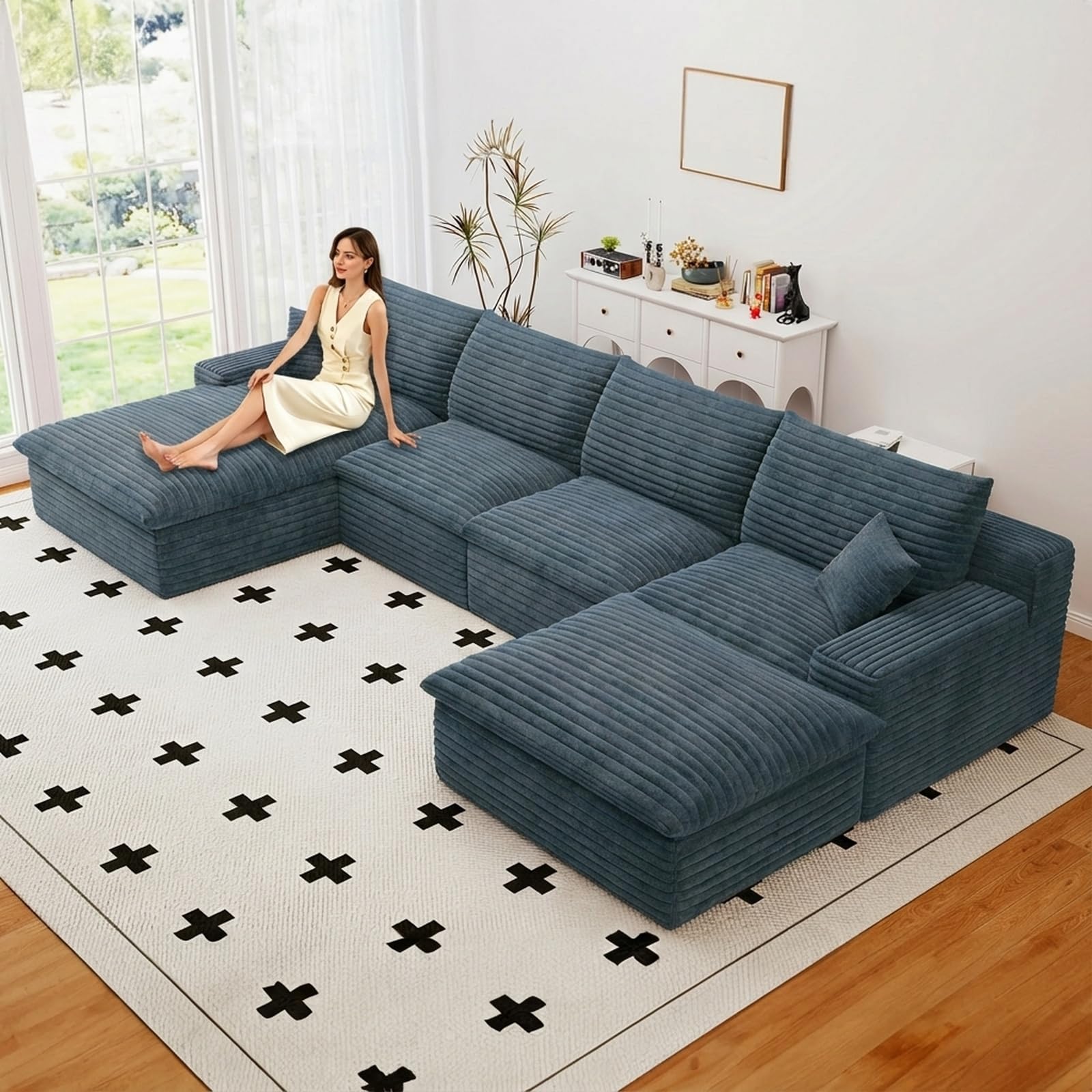 136" Cloud Couch Modular Sectional Sofa for Living Room, U-Shape Boneless Couch with Deep Seat, Modern Corduroy 4-Seater with Ottoman, No Assembly Required (Blue,Left-Facing Chaise)