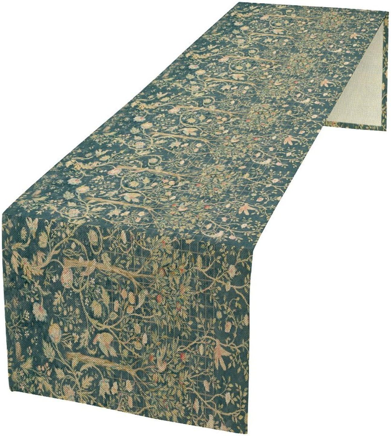 William Morris Bird Table Runner for Table Decor, Art Rustic Flower Style Bird Botanical Floral Vintage Printed for Kitchen Dining Room Farmhouse Party Holiday Decorate 13" x 90"
