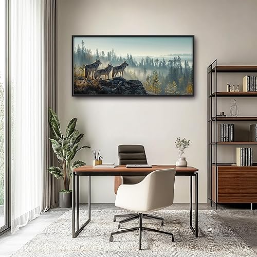 Miniatura 3 de Cuadros grandes enmarcados para sala de estar, lobos del bosque, decoración de pared de gran tamaño, estampado de animales de lobo, pintura impresa
