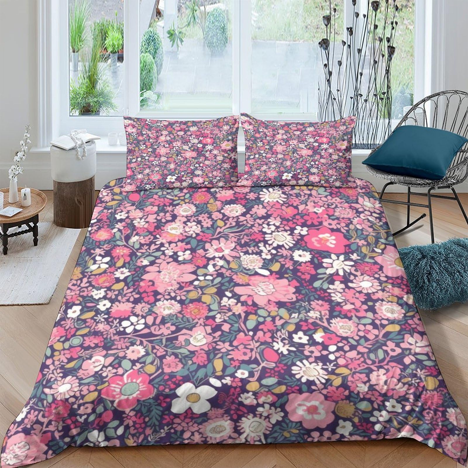 Juego de cama de microfibra rosa con flores en 3D para habitaciones King