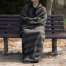 PuTian Merino Wool Blanket - 87 x 63 Thick Warm Soft Large Bed Throw - Great for Camping, Outdoors, Travel, Car, Couch, All Weather Green Stripe