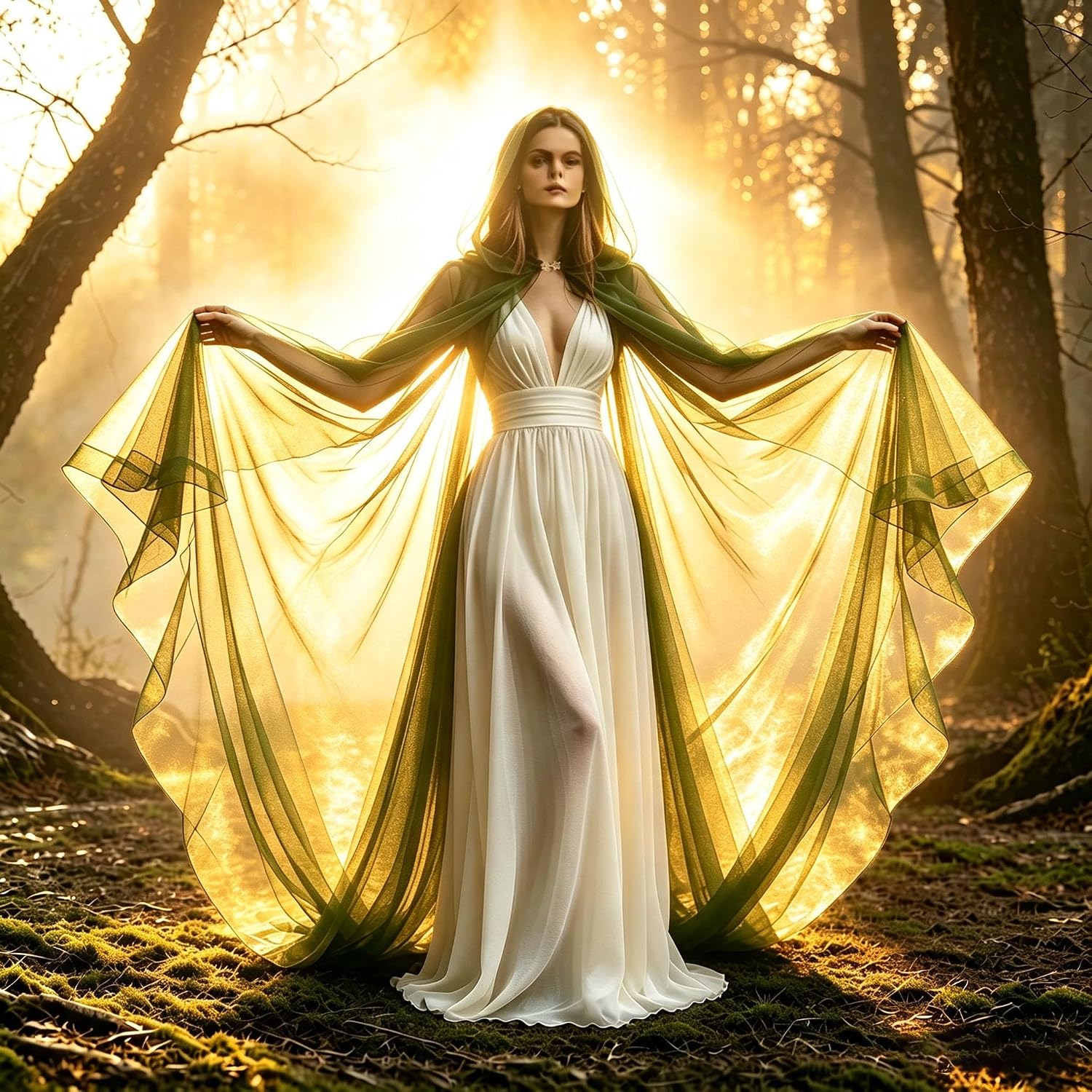 Women Hooded Tulle Cape, Long Train Sheer Cloak, Flowing Costume Cover for Wedding, Halloween Elf, Witch Cosplay