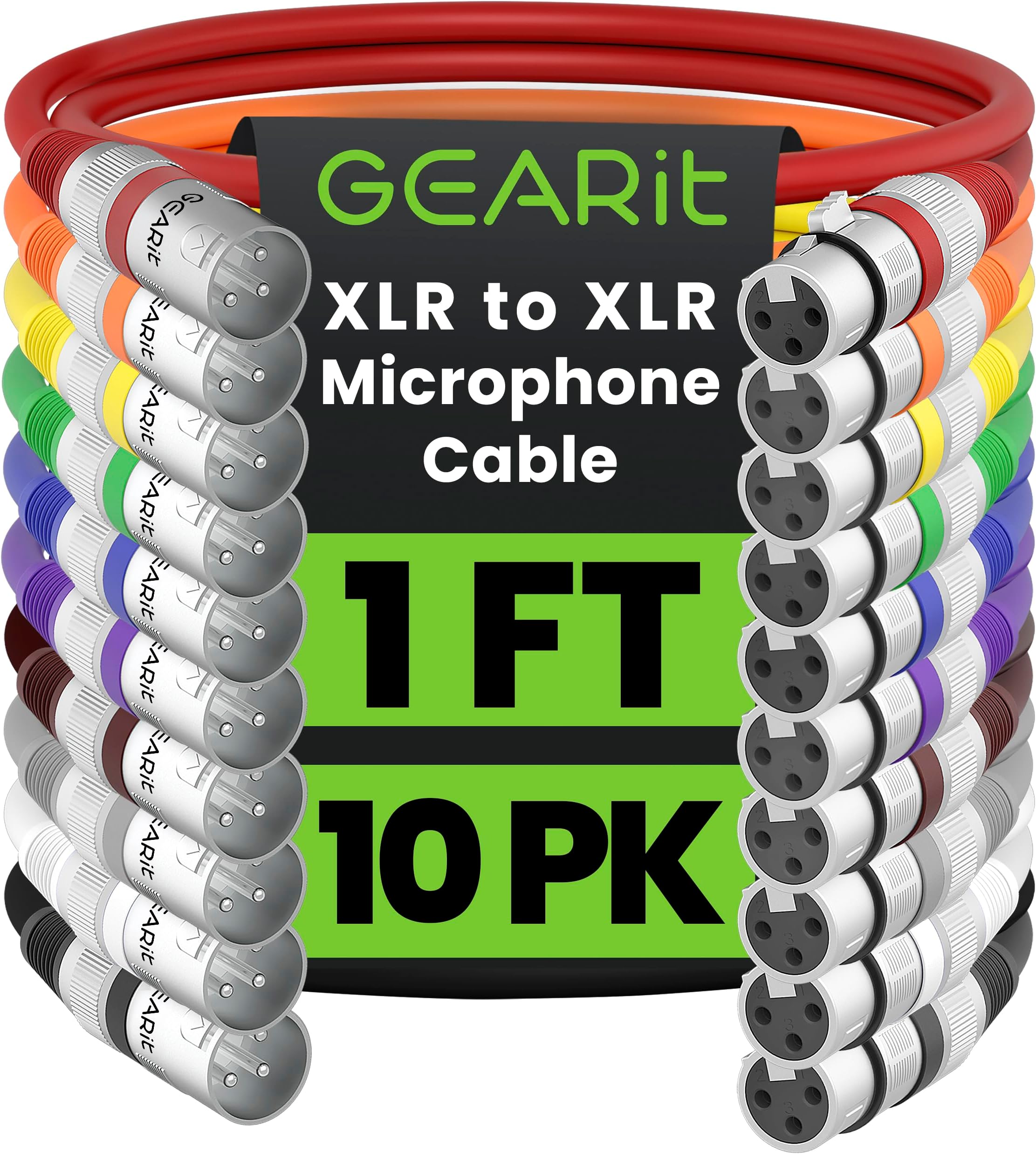 GearIT XLR Microphone Cable - 10 Pack (1 Feet, Multi Colored, 1Ft) - 3-Pin Balanced Shielded XLR Male to Female Mic Cable for Mic Mixer, Recording Studio, Podcast