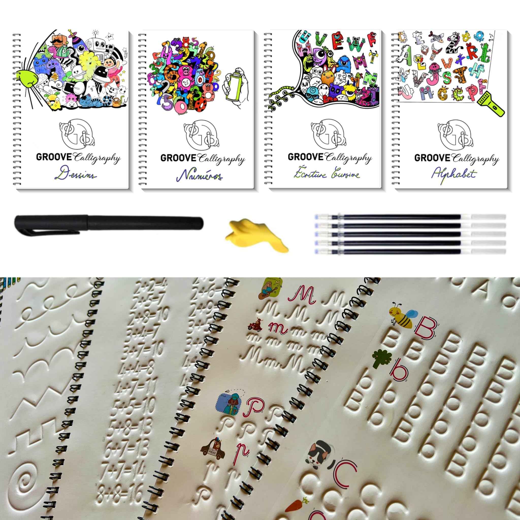 GROOVE Calligraphy Cahiers Réutilisables – Alphabet, Cursive, Numéros, Dessins – 4 Manuels A4 avec Rainures Premium + Stylo Magique + 5 Recharges + Correcteur de Posture des Doigts