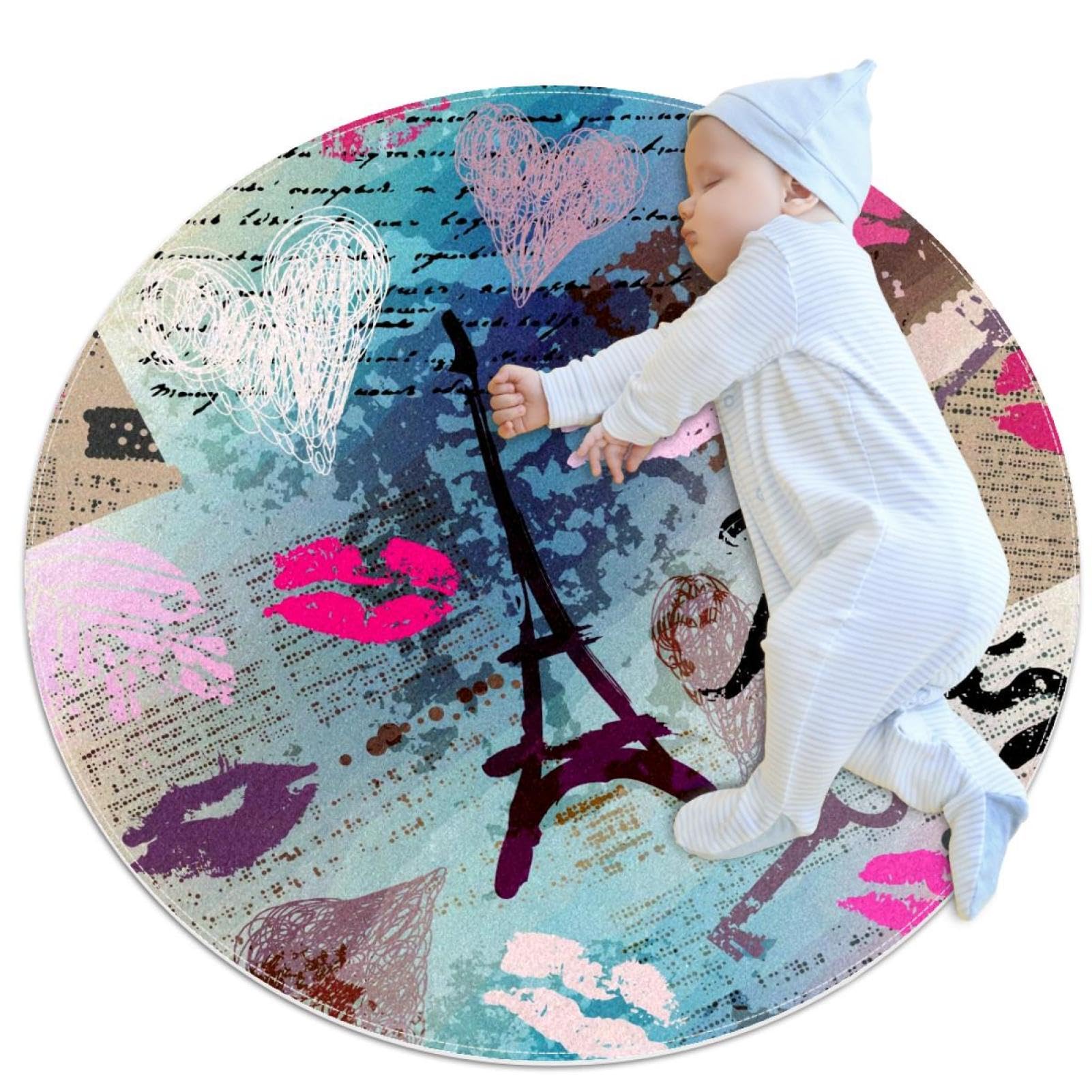 Tapis de salle de bain vintage rond 1m avec motif cœurs et bisous antidérapants pour chambre