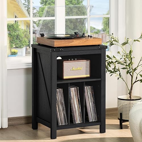 Miniatura 8 de Soporte para tocadiscos con almacenamiento de discos de vinilo, mesa negra con capacidad para hasta 160 álbumes, soporte giratorio de madera grande