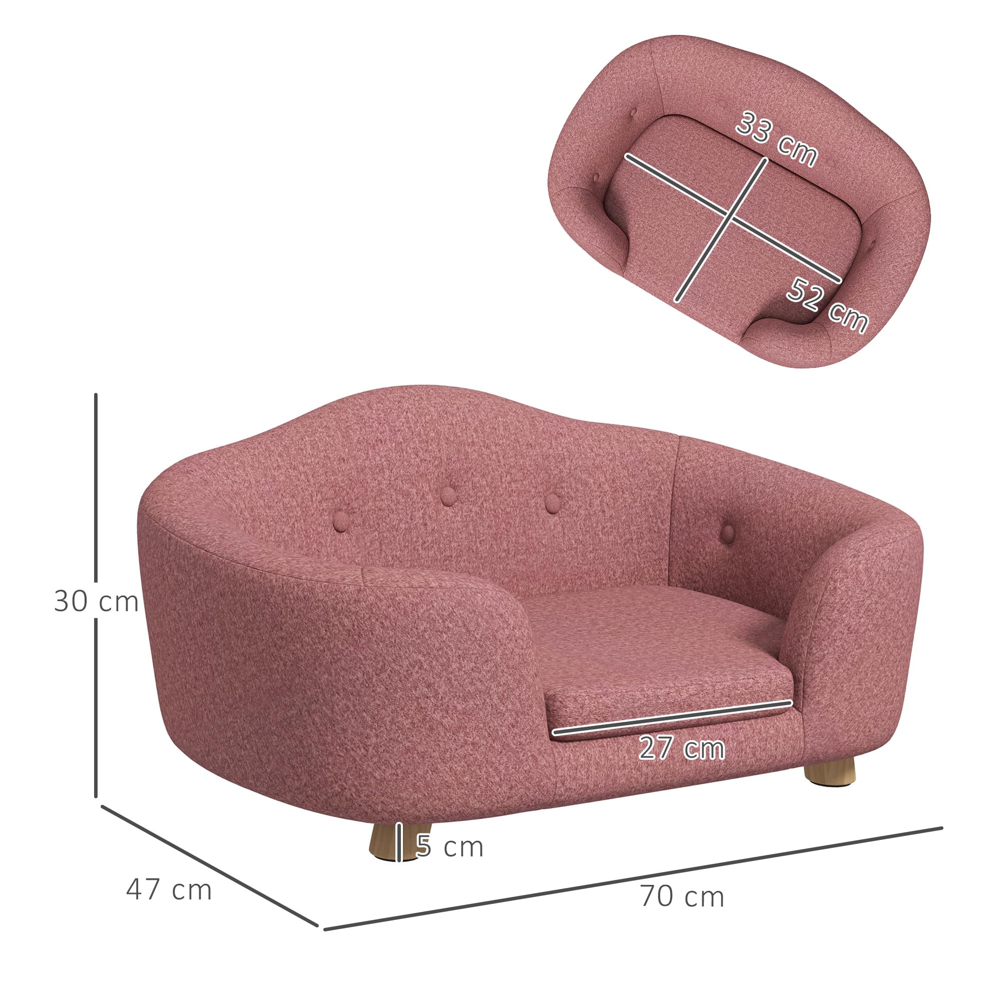 PawHut Sofá para mascotas, alfombrilla para perros, sofá para perros, gatos, sofá con cojín, bolsillo trasero, espuma de pino rosa, 70 x 47 x 30 cm