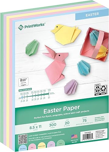 PrintWorks - Papel de Pascua de 8.5 x 11 pulgadas, 300 hojas, 5 colores pastel surtidos, 30% reciclado, ideal para proyectos escolares y
