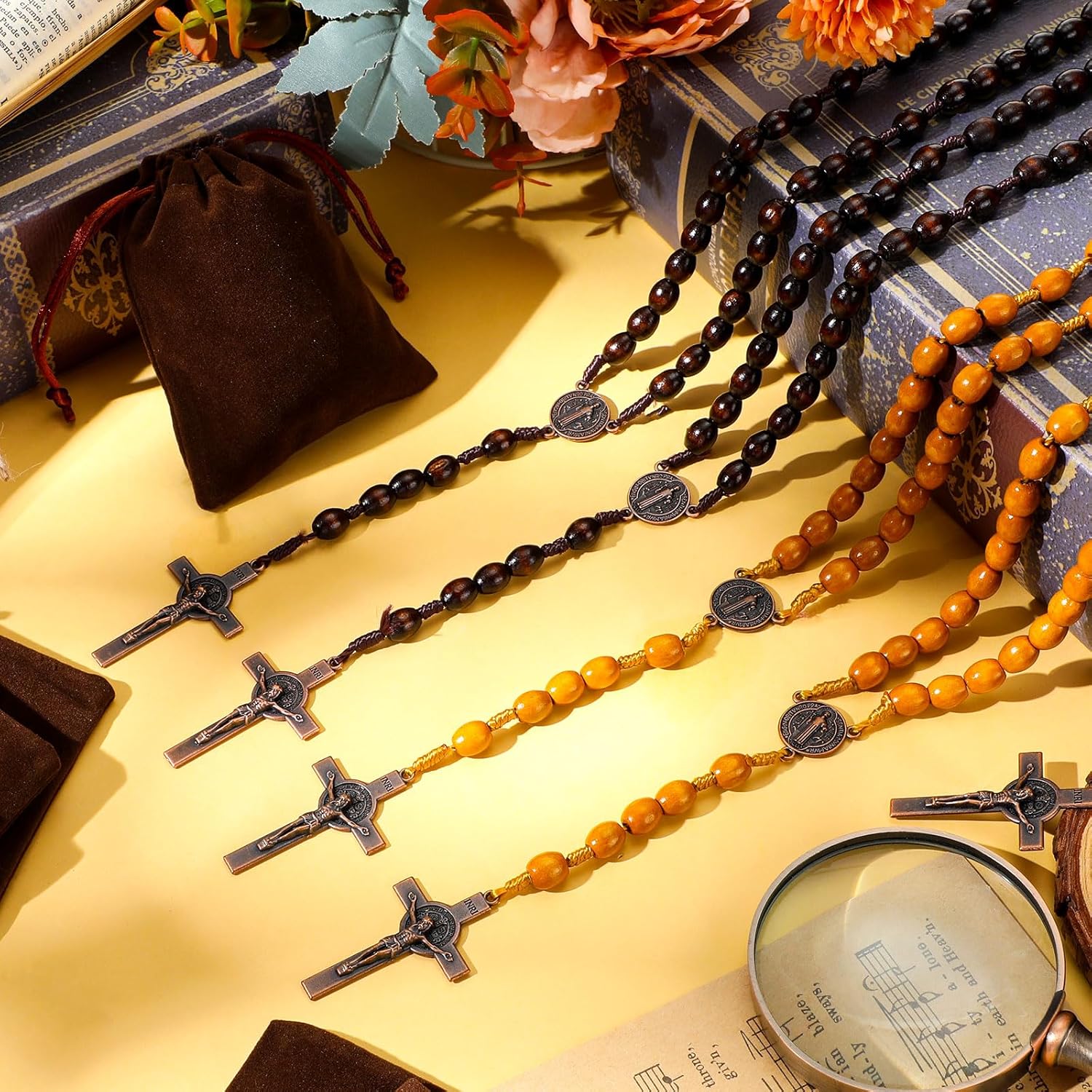 12 Set Wooden Bead Rosary Necklace Catholic Rosary Wood Carved Solid Beads with Jesus Cross Our Father with Velour Gift Pouch Baptism Favors Catholic Gift(Coffee, Wood) - Image 6