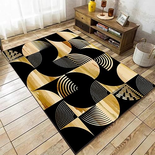 Alfombras modernas de mediados de siglo, 4 x 5 pies, alfombra geométrica moderna de color negro dorado para dormitorio, decoración del suelo