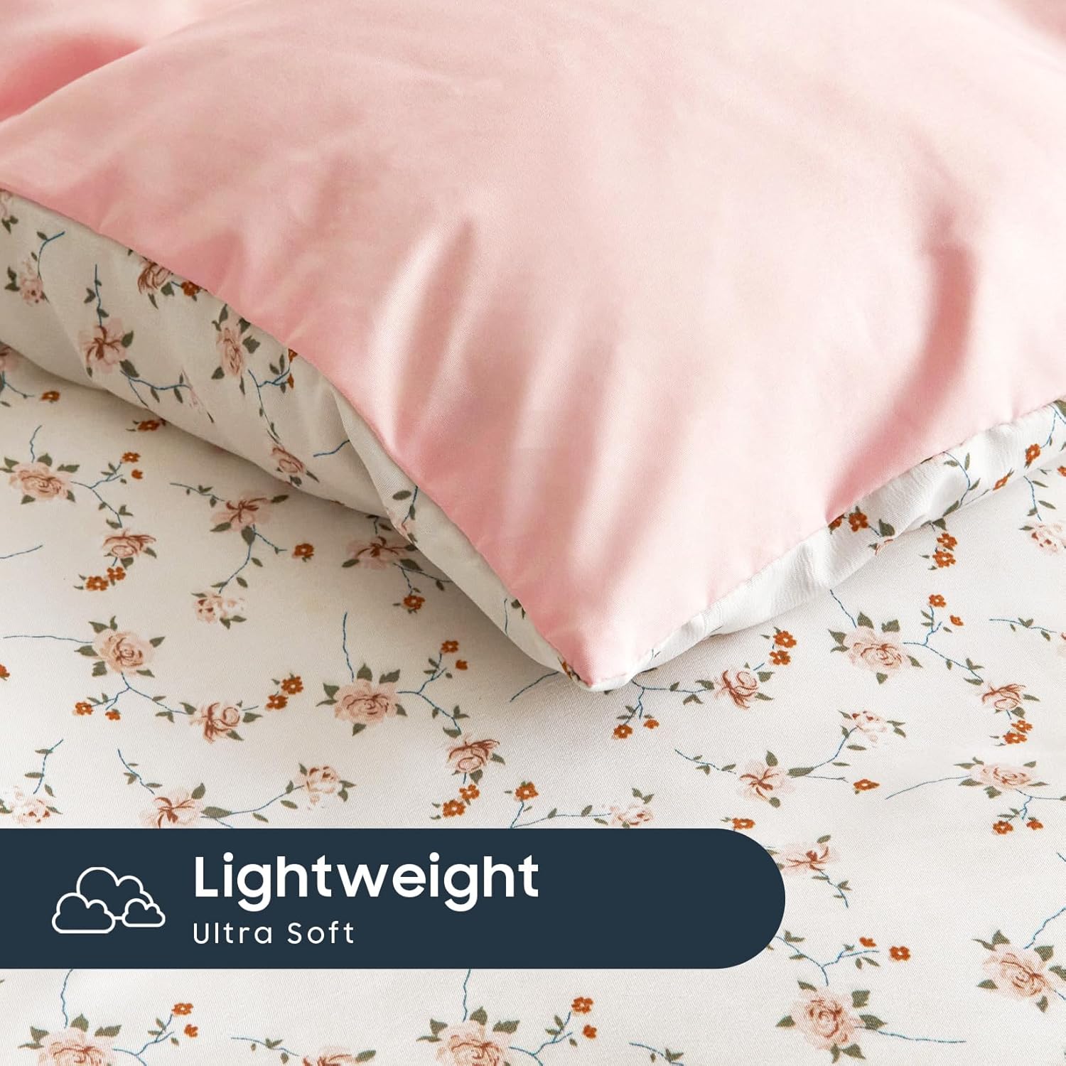 Wake In Cloud - Floral Comforter Set, Coquette Cottagecore Aesthetic Cute Flower Pattern for Women Teen Girls, Soft Lightweight Dorm Bedding, 3 Piece, Pink, Full Size - Image 7