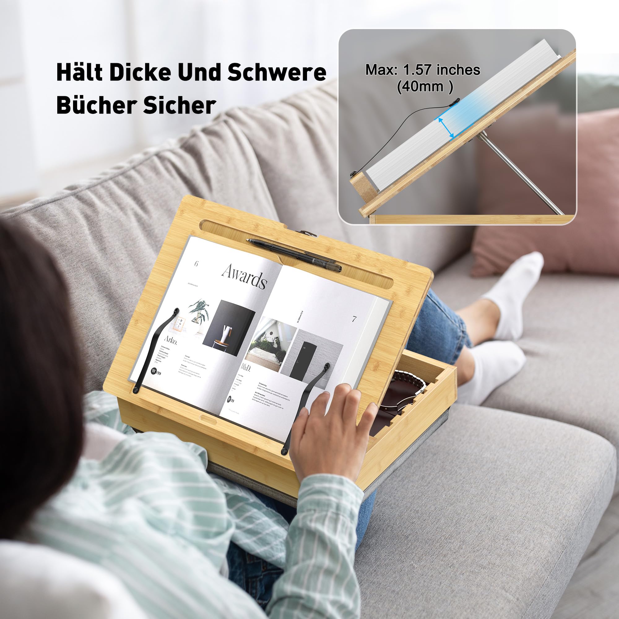 AboveTEK Buchständer zum Lesen mit Aufbewahrung, verstellbarer Bambus-Buchhalter mit weichem Schoßkissen, Kochbuchständer, freihändiger Buchleseständer für Bett, Schreibtisch und Küchentheke