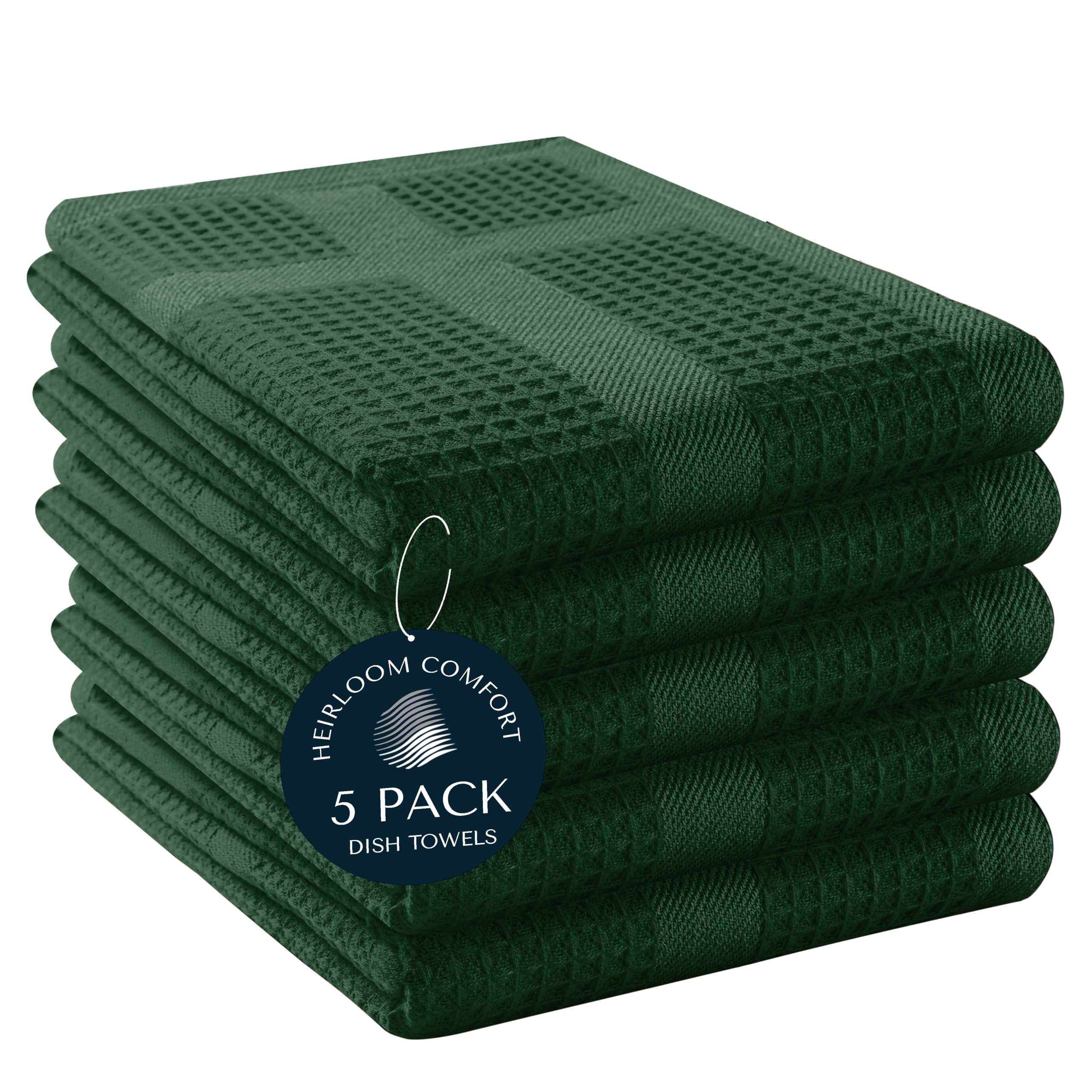 HEIRLOOM COMFORT 5 Pack Green Waffle Kitchen Towels, 100% Cotton, 40x66 cm, Super Absorbent, Quick Dry Dishcloth Set with Hanging Loop, Soft for Drying Dishes, Cleaning, Hand Towel, Forest Green