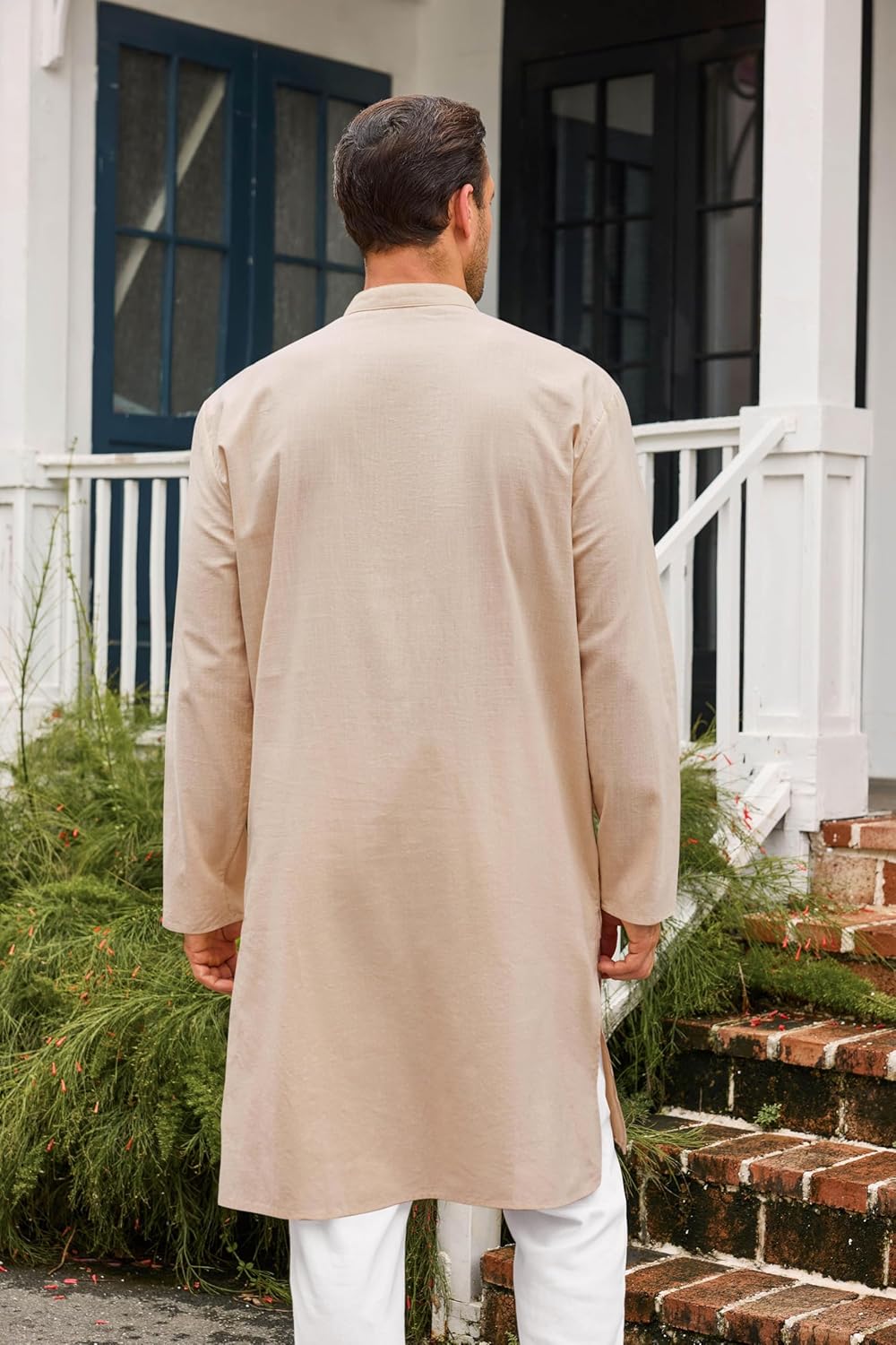 Runcati Mens Kaftan Thobe Button Down Casual Henley Shirts Long Sleeve Robe Cotton Linen Muslim Gown Shirt - Image 3