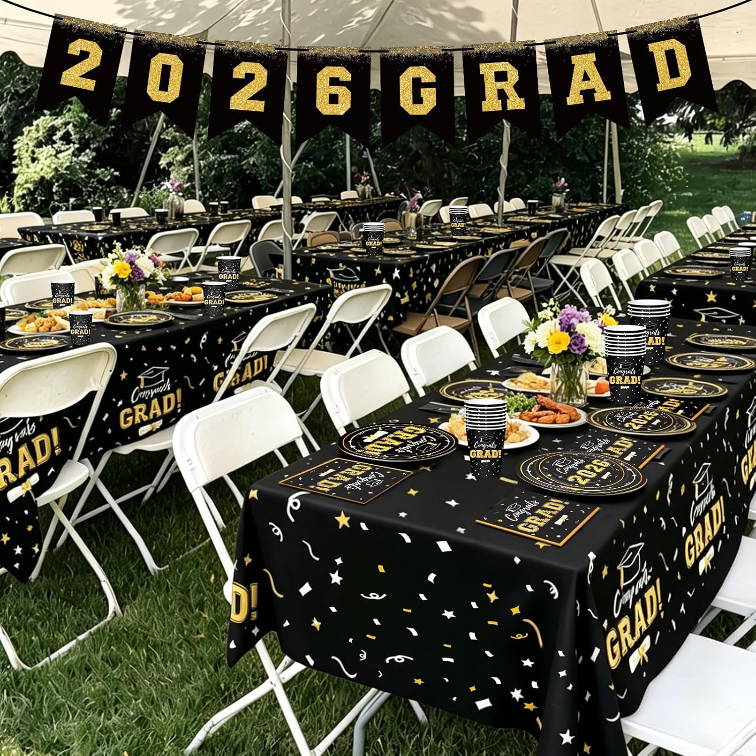 Graduation Decorations 2026 Disposable Black Graduation Tableware Kit for 50 Guests Plates Napkins Cups Tablecloth Hanging Graduation Party Decorations 2026