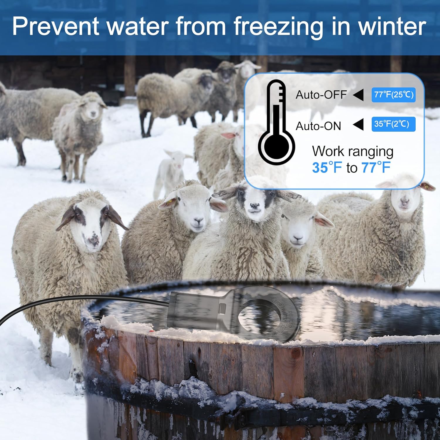 Utility De-Icer Submersible Cast Aluminum Chicken Water Heater, Designed for Livestock Troughs and Outdoor Tanks (1000W)