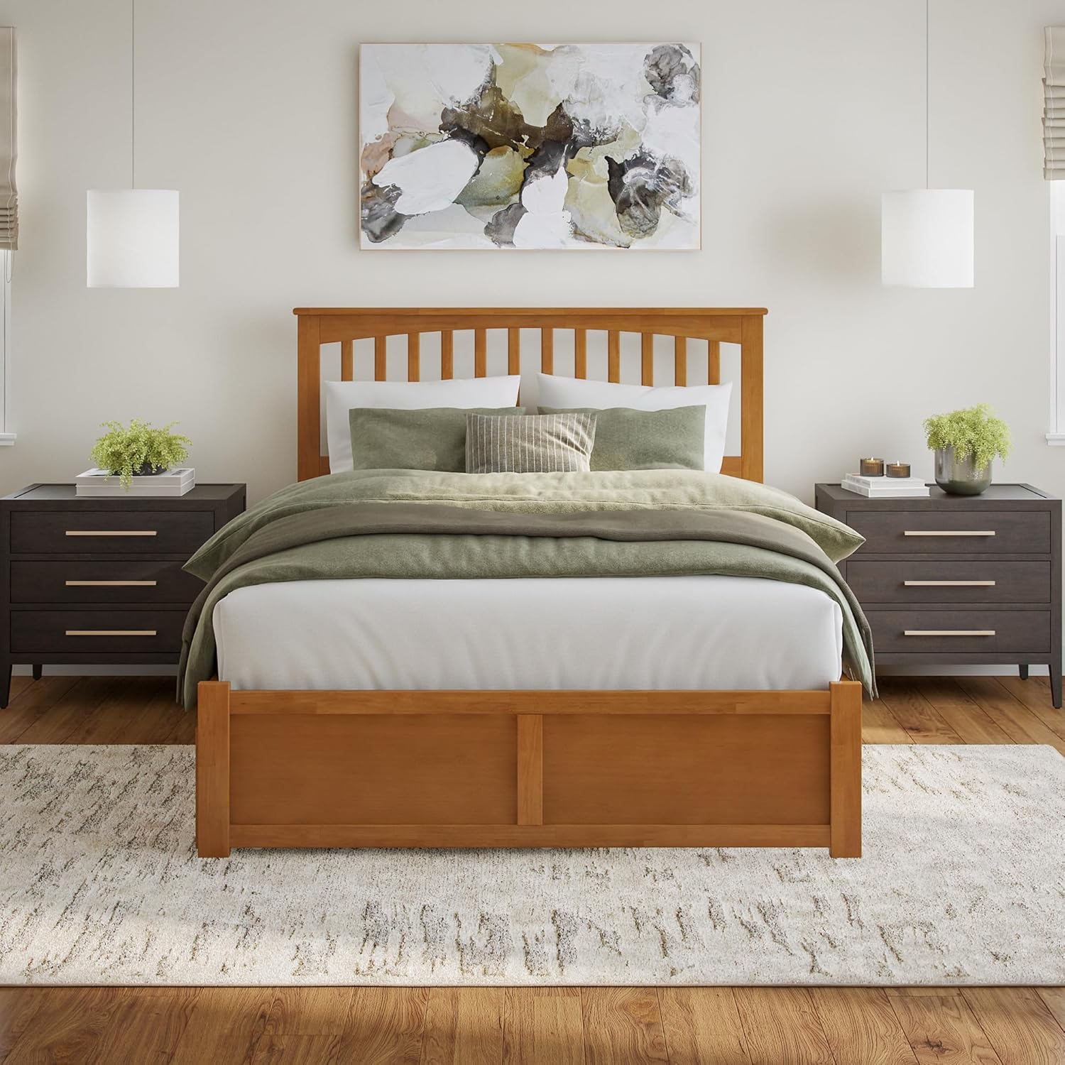 AFI, Mission Queen Platform Bed with Footboard & Twin XL Trundle, Light Toffee