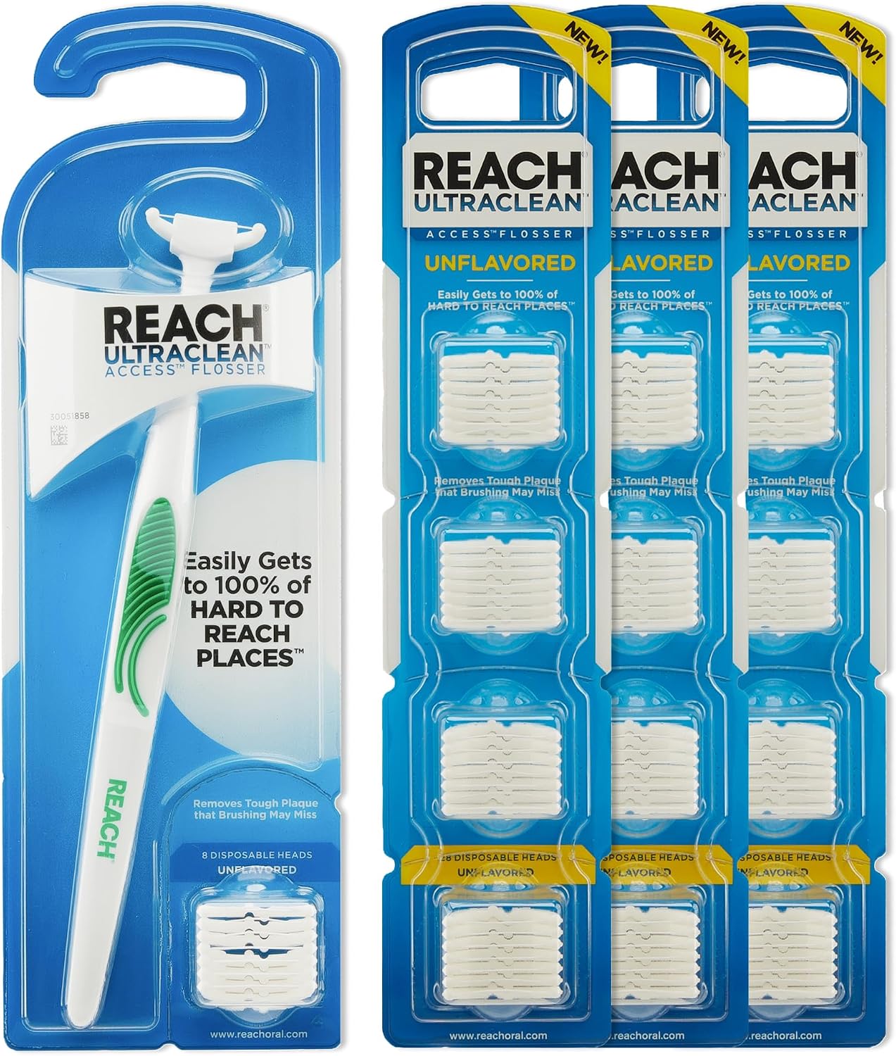 Reach Ultraclean Access Flosser Bundle, Unflavored, Plaque Remover for Teeth, for Hard to Reach Areas, Oral Care, PFAS-Free, 1 Flosser Starter Kit + 3 Packs Refill Heads