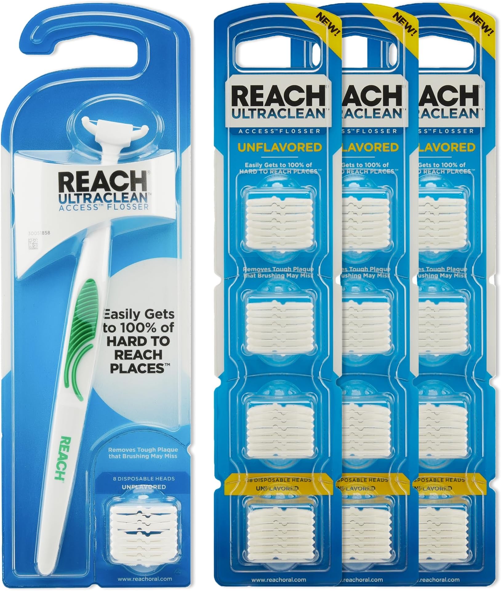 Ultraclean Access Flosser Bundle, Unflavored, Plaque Remover for Teeth, for Hard to Reach Areas, Oral Care, PFAS-Free, 1 Flosser Starter Kit + 3 Packs Refill Heads
