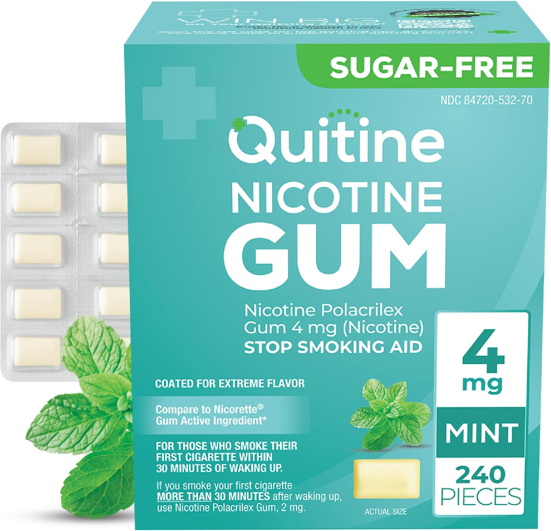 Quitine Nicotine Gum 4mg, Mint Flavor, Stop Smoking Aid – Relieve Nicotine Cravings with Affordable NRT | Coated for Quick-Burst Flavor, 240 Count, Traditional Gum to Support Your Quit Journey