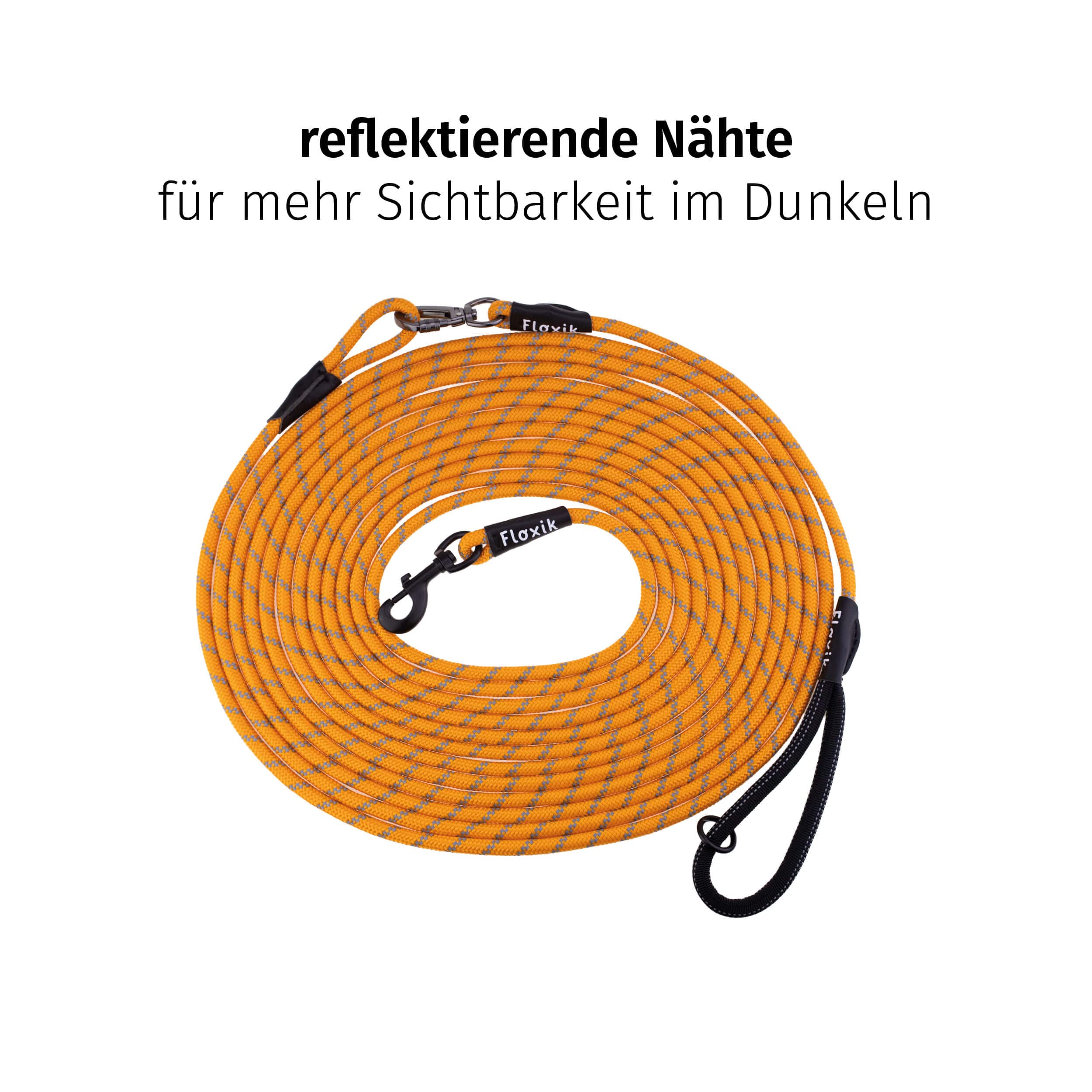 Floxik Correa de arrastre para perros | 5 m, 10 m, 15 m, 20 m naranja, correa reflectante con correa de mano extraíble, también ideal como correa de entrenamiento para cachorros