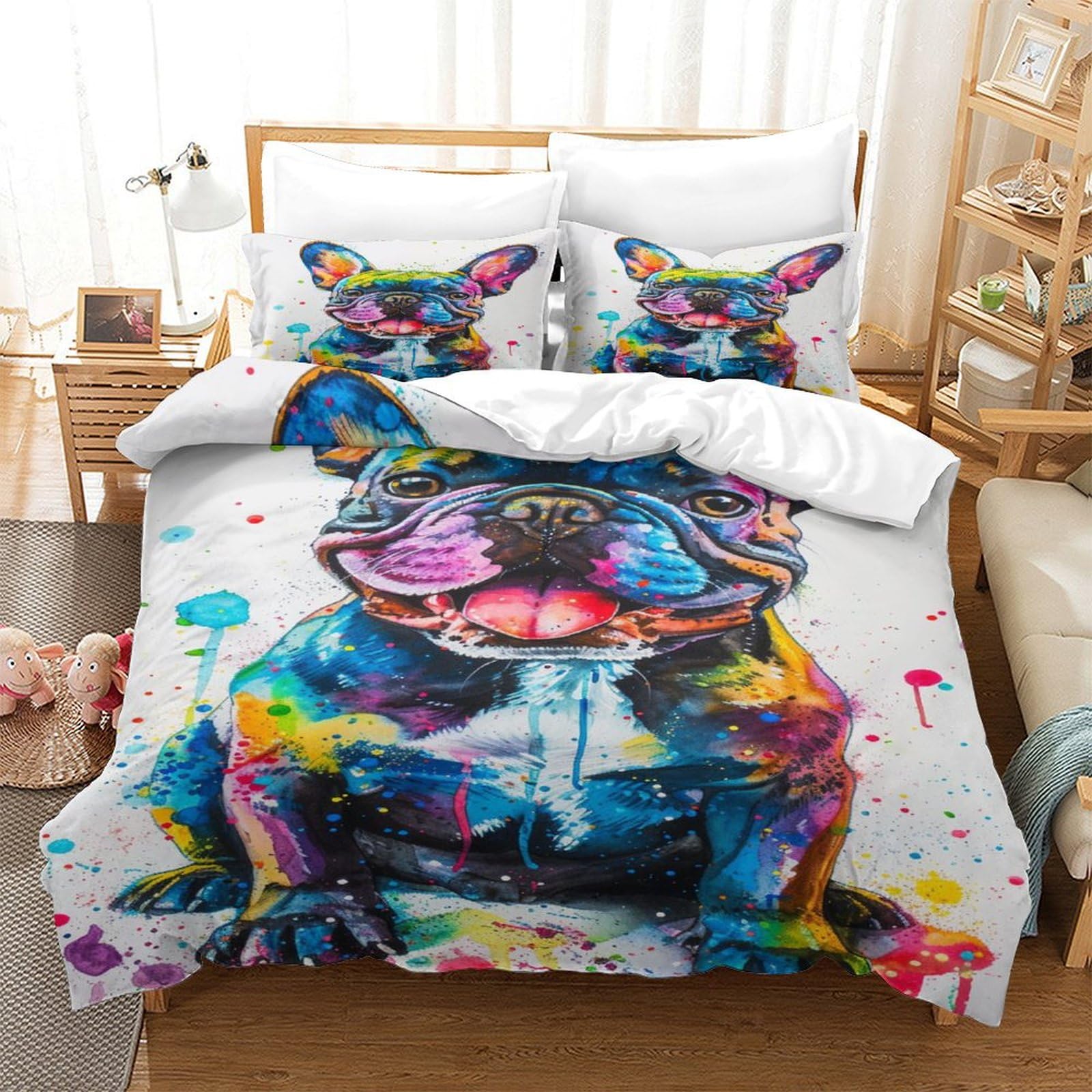 Housse de couette 3D bulldog parure de lit animaux microfibre 200x200