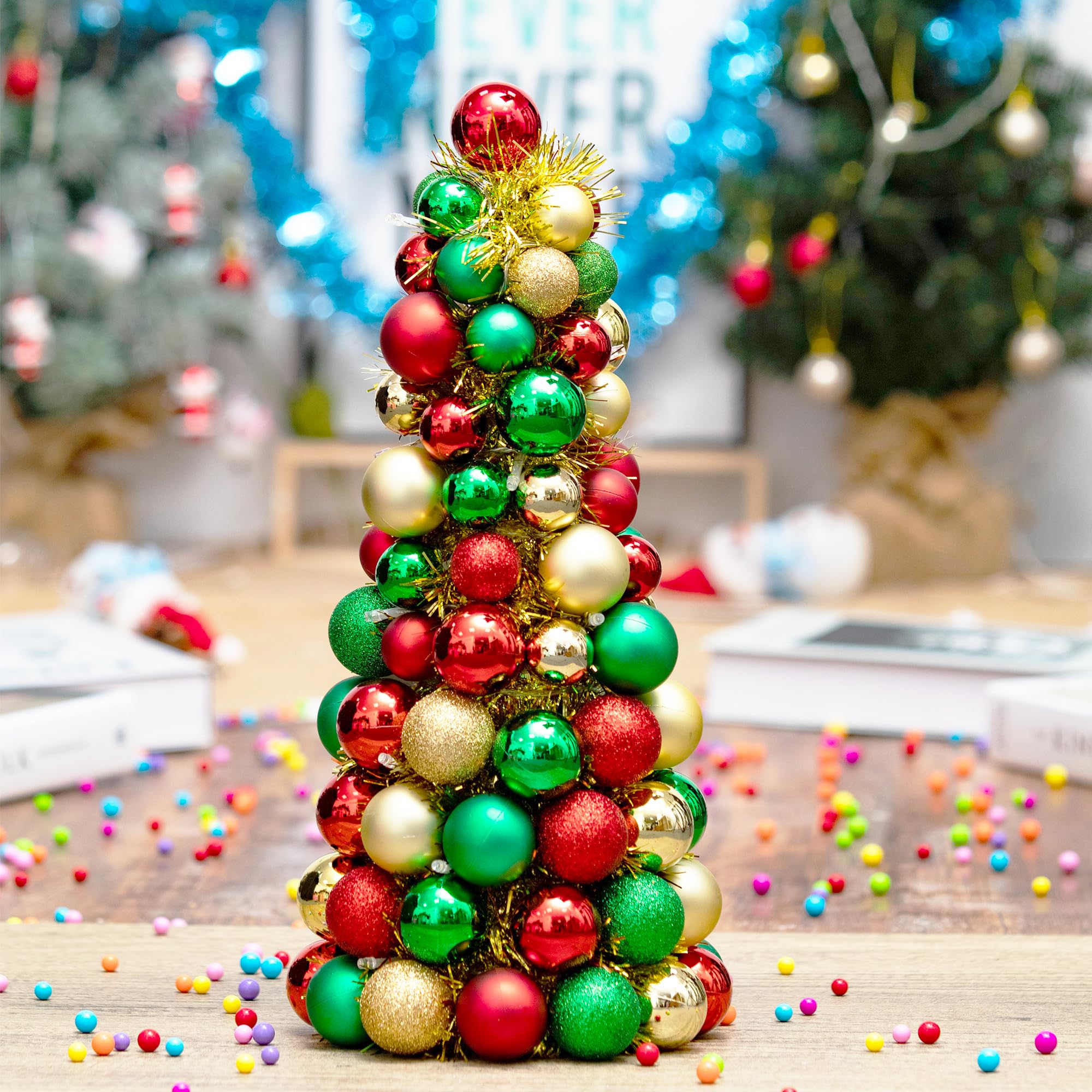 Amooca 16in Christmas Ball Tree with LED Lights Table Centerpiece Fireplace Decor Indoor Holiday Party Home Decoration Red Gold Green