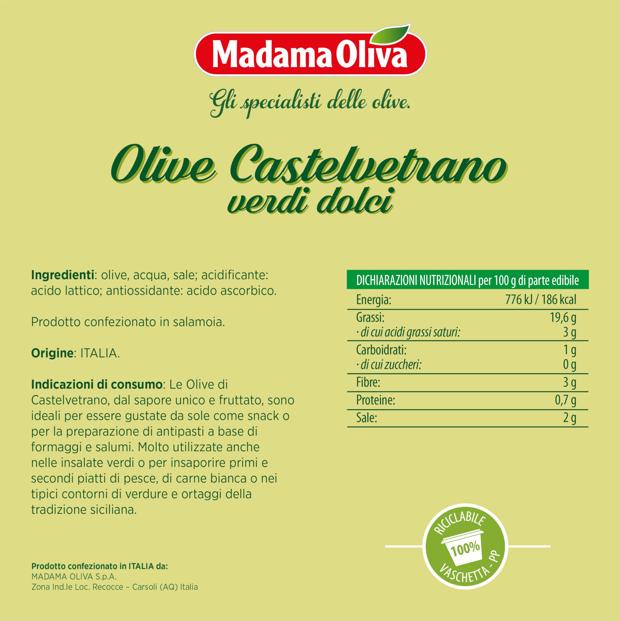 MADAMA OLIVA, Olive Castelvetrano Dolci Verdi, Sapore Unico e Fruttato, Snack Ideali per Antipasti a Base di Formaggi e Salumi, Insalate Verdi, 100% Made in Italy, 6 x 250 gr