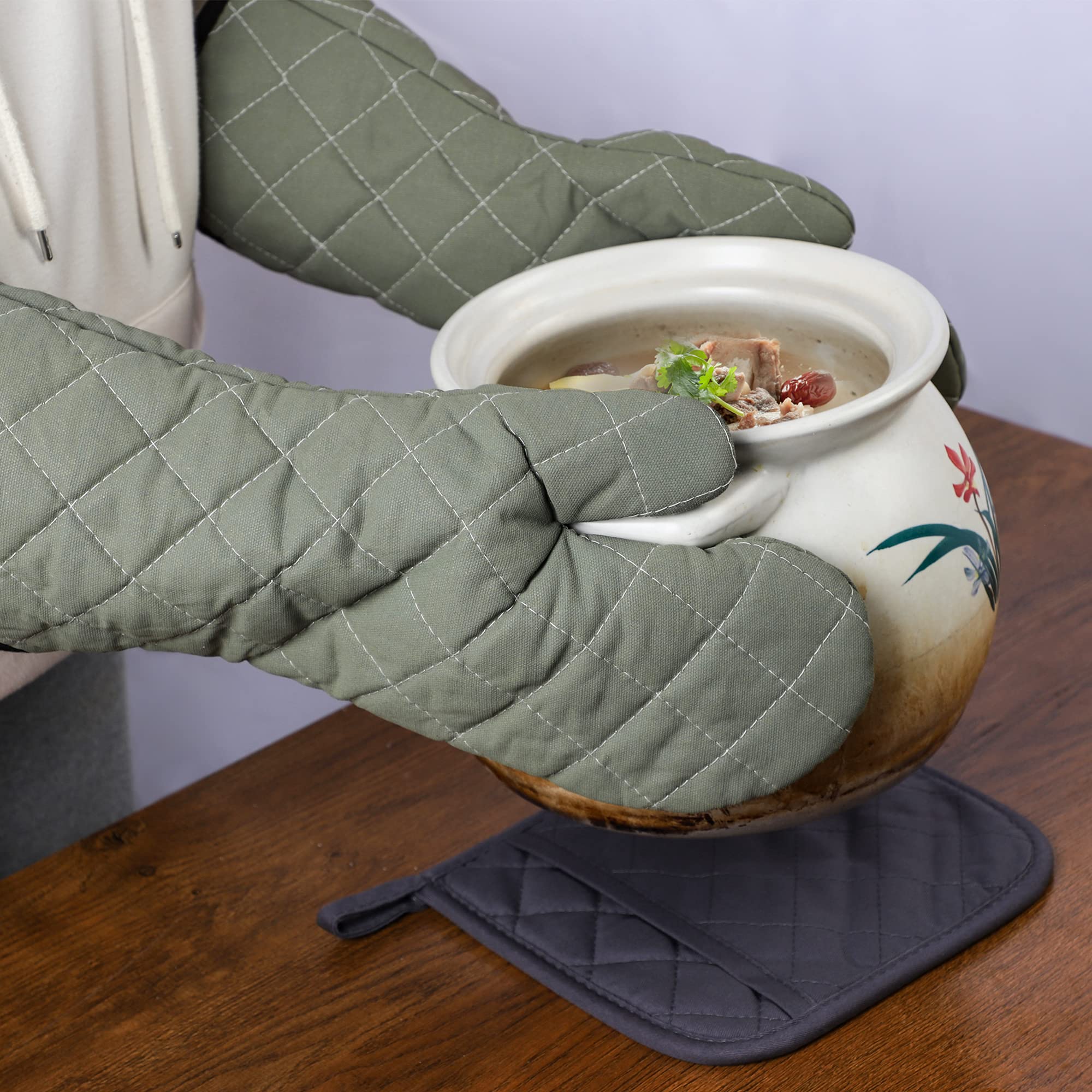 Rękawice kuchenne 1 para 38 cm długa pikowana podszewka frotte - odporne na wysokie temperatury rękawice kuchenne, rękawice trudnopalne, zielone, 2 szt
