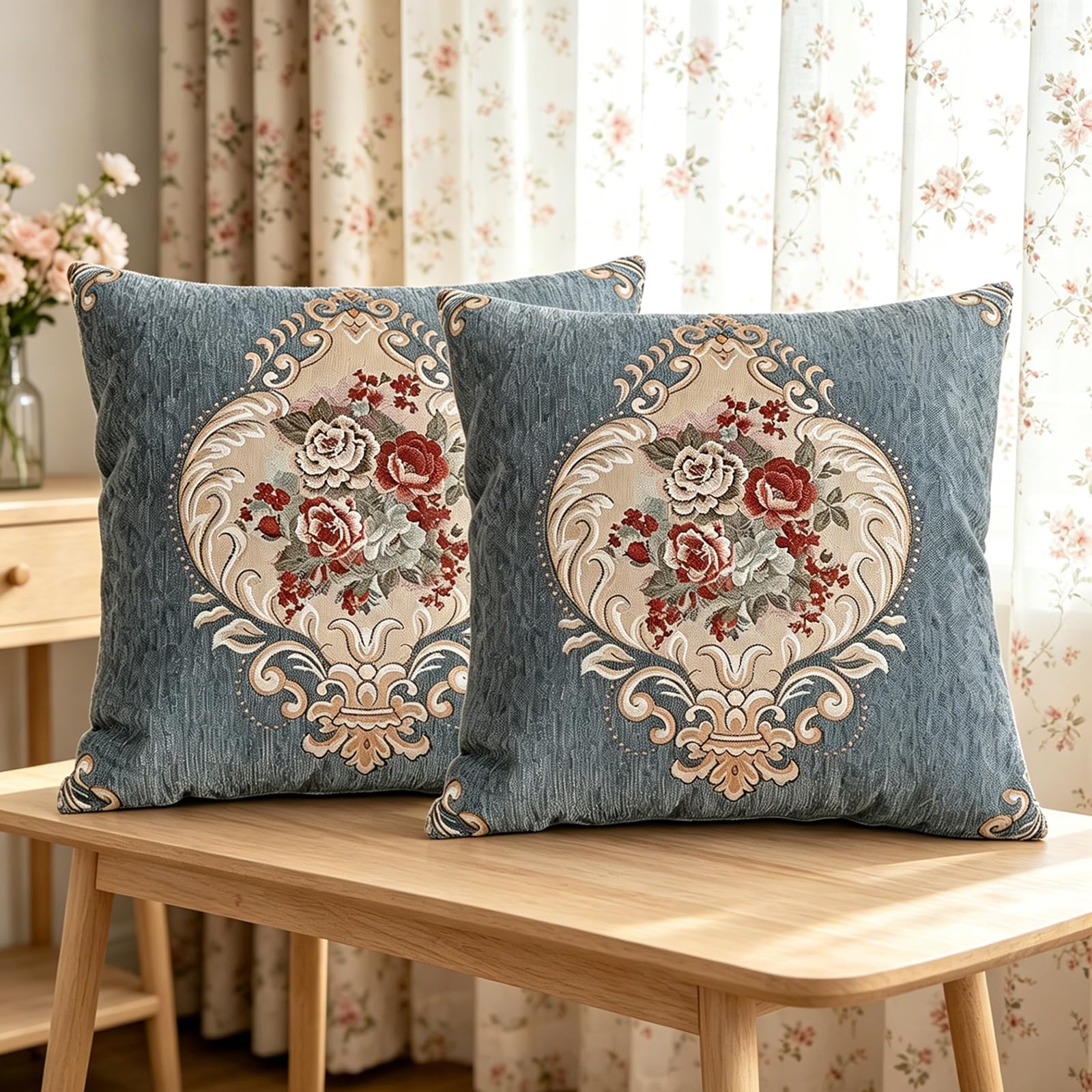Set di 2 federe per cuscini ricamate vintage per divano, federe per cuscini Euro Sham per soggiorno (blu)