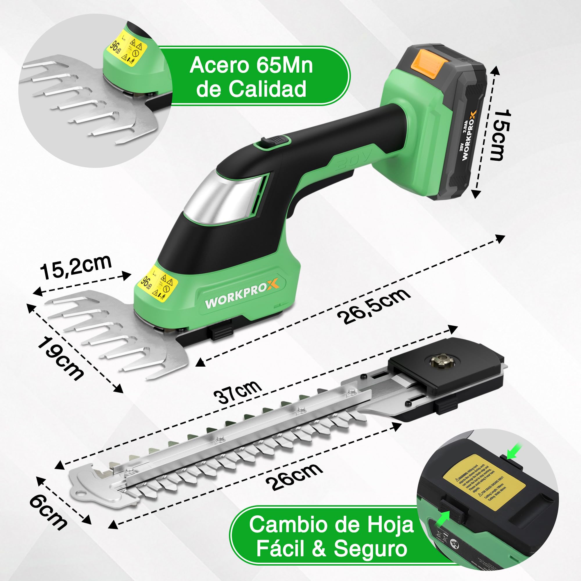 WORKPROX Tijeras Cortacésped y Arreglasetos 2 en 1, 20V Cortasetos Eléctrico para Césped y Arbustos con 2 Cuchillas, Tijeras Cortacésped Batería, Tijeras Arreglaseto para Jardinería