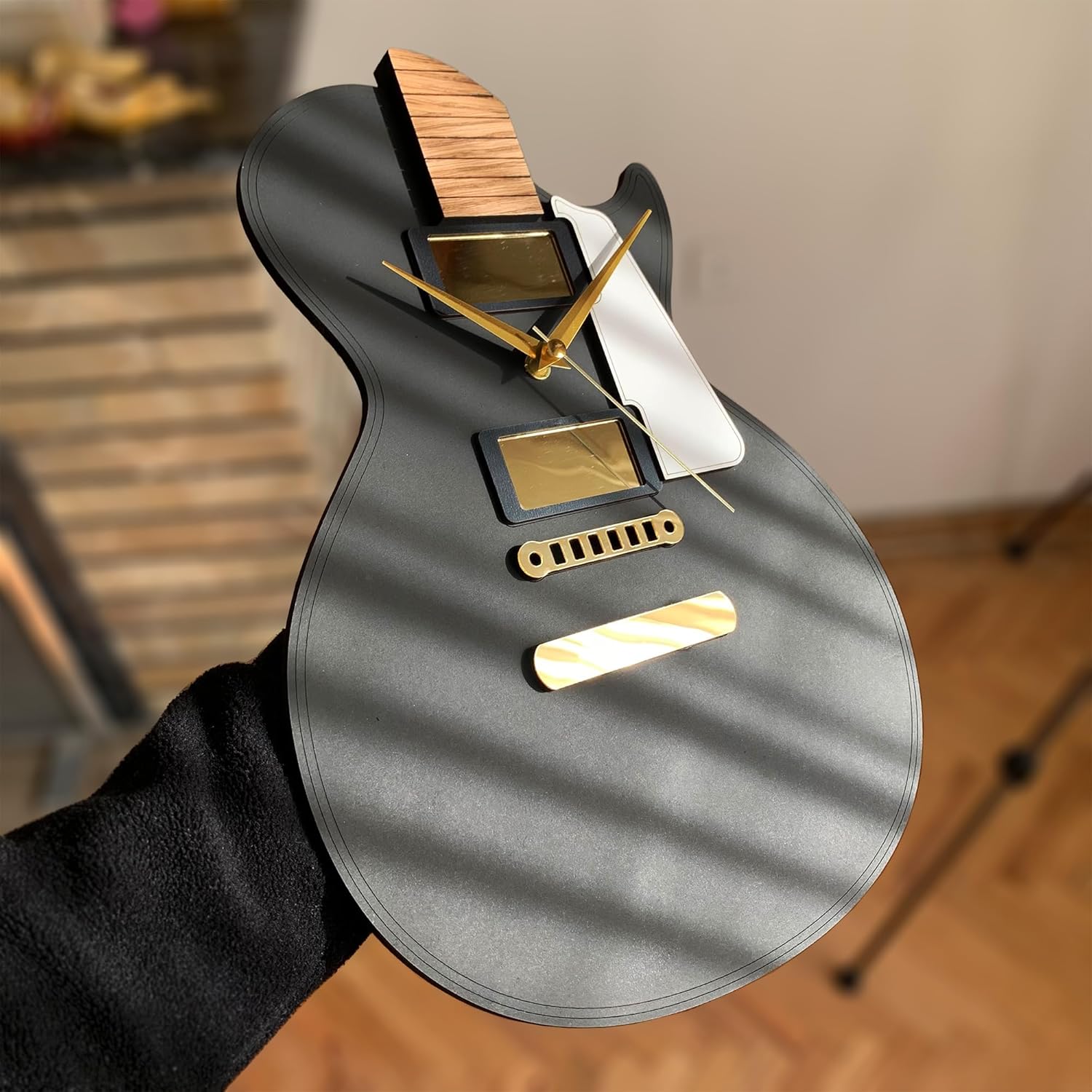 goodtime Guitar Clock, Black & Gold, Modern, Silent Clock, 11 x 15 inches, Acrylic, Oak, Music Theme, Quartz Mechanism, Unique Musical Gift for Men and Women, Wall Mount
