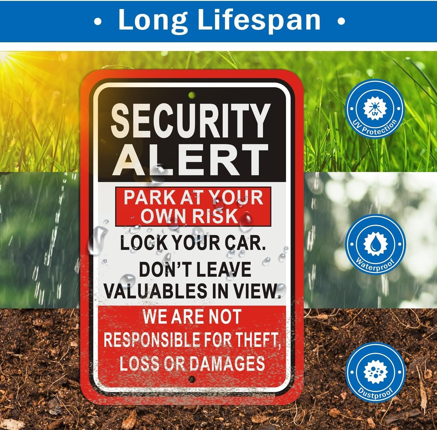 Señal de alerta de seguridad – Park At Your Own Risk – Paquete de 2 unidades de 12 x 18 pulgadas Lock Your Car & Don't Leave Valuables – Not Responsible for Theft/Loss/Damage Sign for Parking Lot