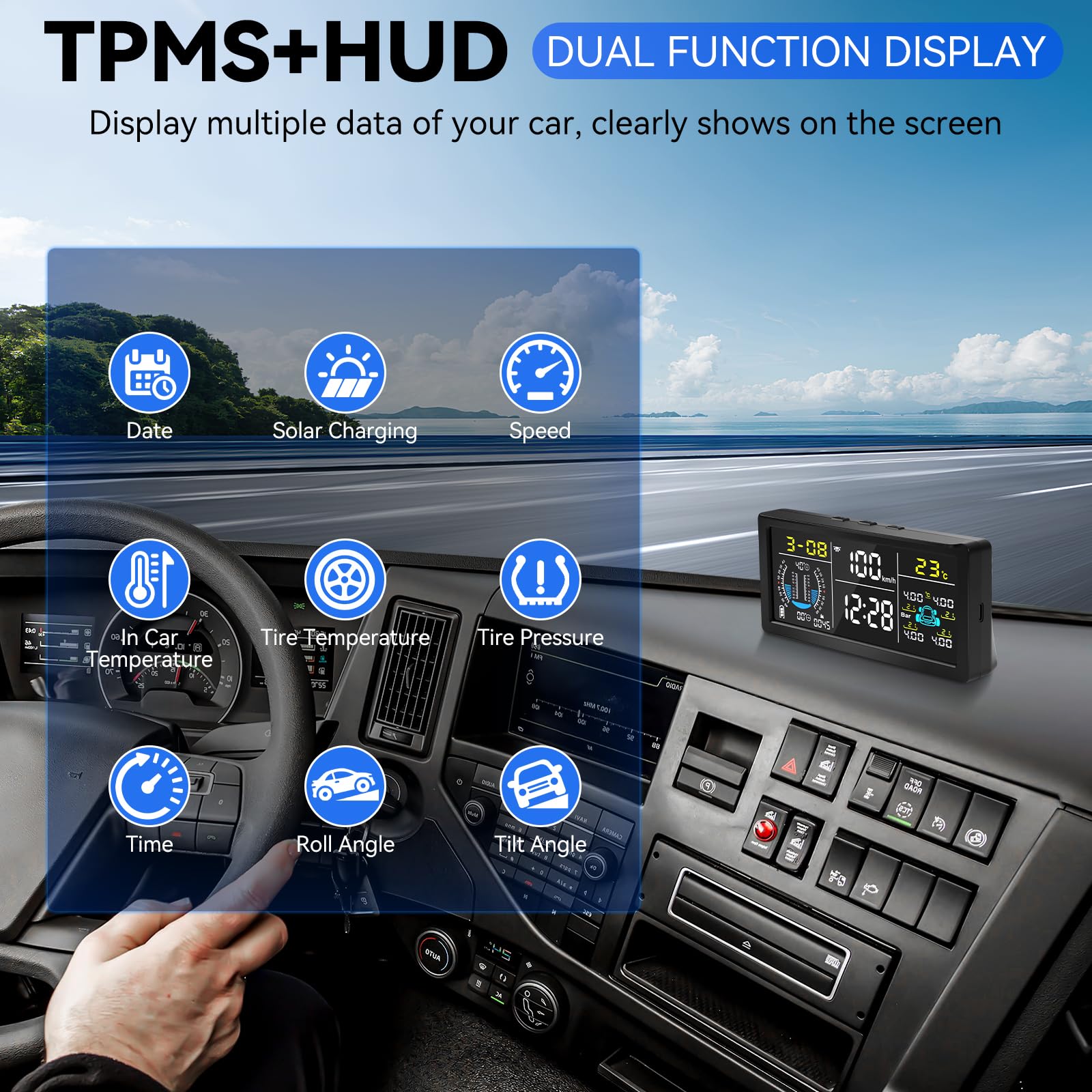 TPMS Reifendruckkontrollsystem 0–199 psi mit 4 Drahtlose Sensoren | TPMS mit Anzeige von Steigung, Geschwindigkeit, Höhe, Zeit,6 Alarmmodi, Solarbetriebenes Drahtloses Reifendruckkontrollsystem
