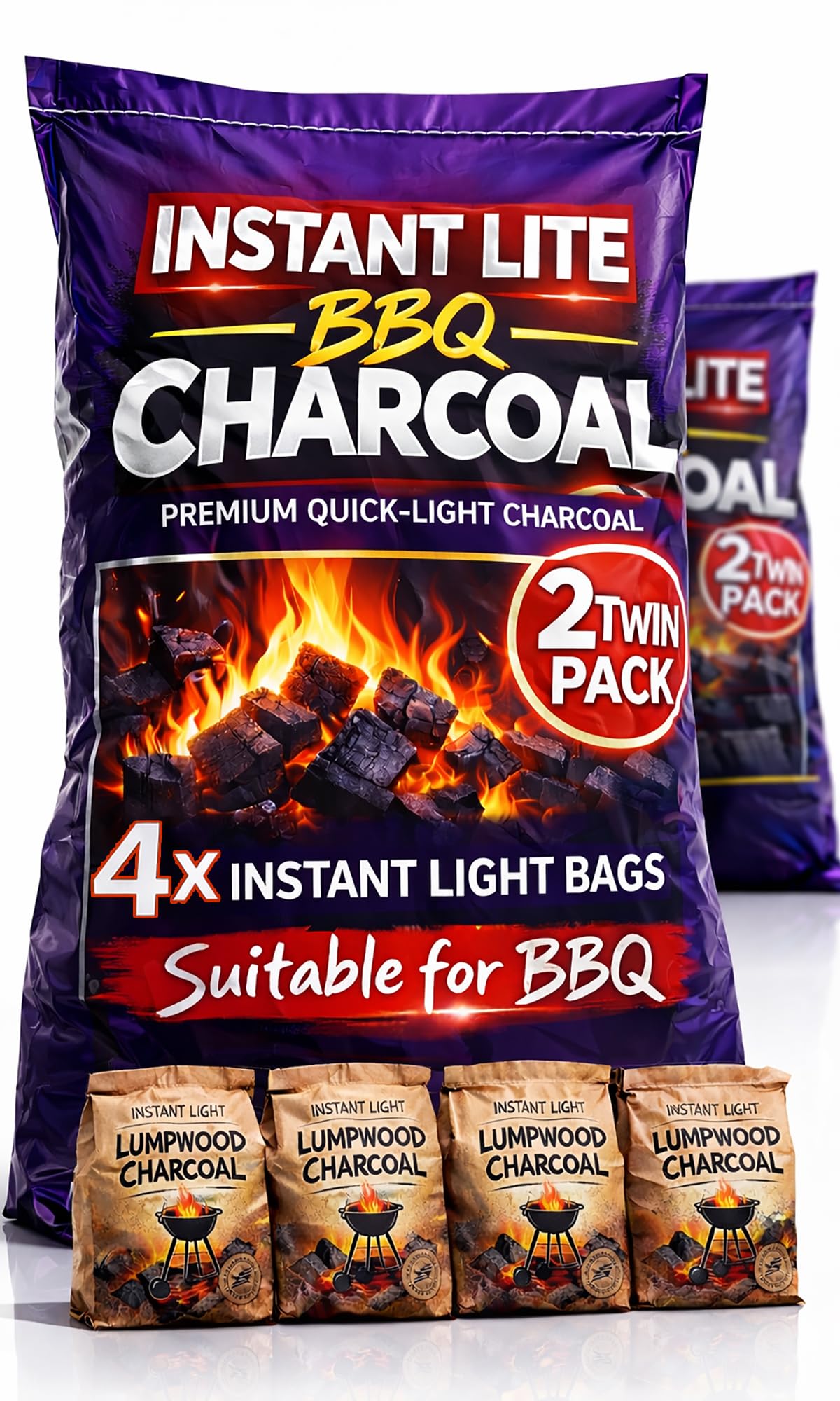 Gardenco Black 4 X 1.25Kg Bags (5Kg) Premium Instant Light Bbq Charcoal, Bags Of Instant Barbecue Lumpwood Charcoal (2X Twin Packs)