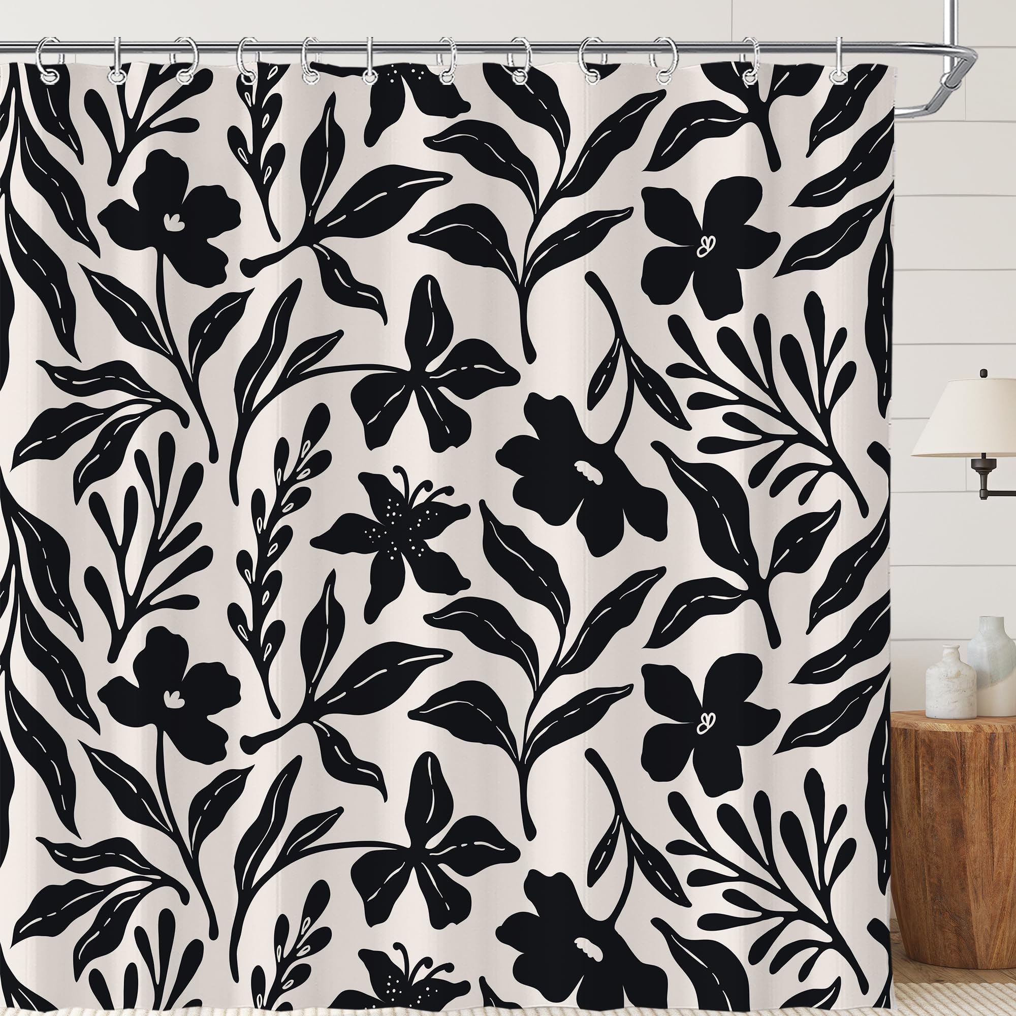 Visioun Black Boho Cute Retro Floral Leaves Shower Curtain for Bathroom 72W*72H Inch Vintage Abstract Flower Plants Minimalist Aesthetic Bathtub Decor