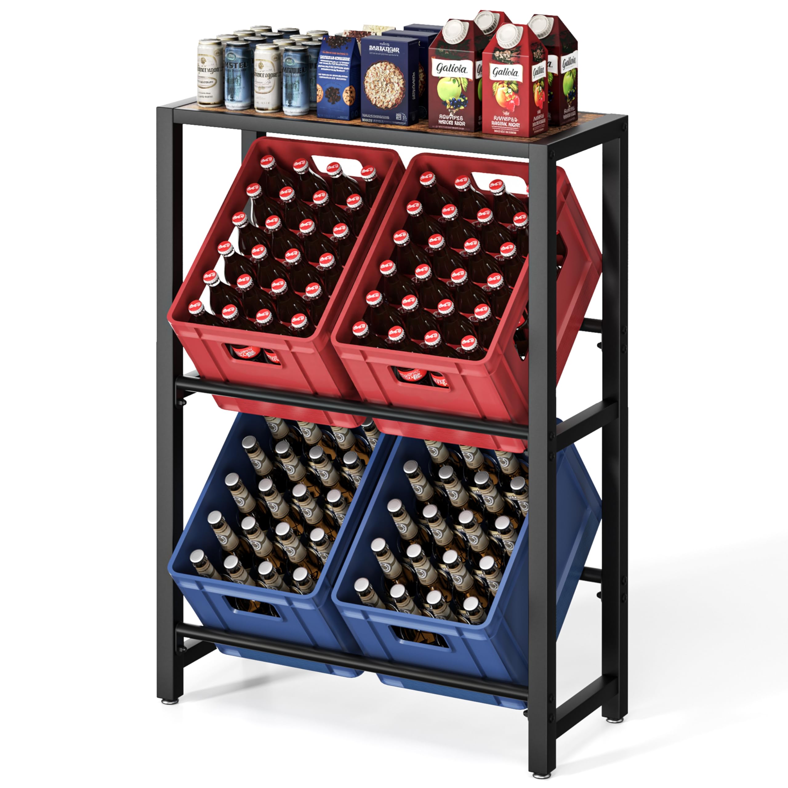Josmimic Getränkekistenregal mit Ablage für 4 Kästen – Stabiles Metallregal in Schwarz, Platzsparendes Getränkekistenständer für Bier, Wasser & Softdrinks – Ideal für Küche, Keller & Abstellraum