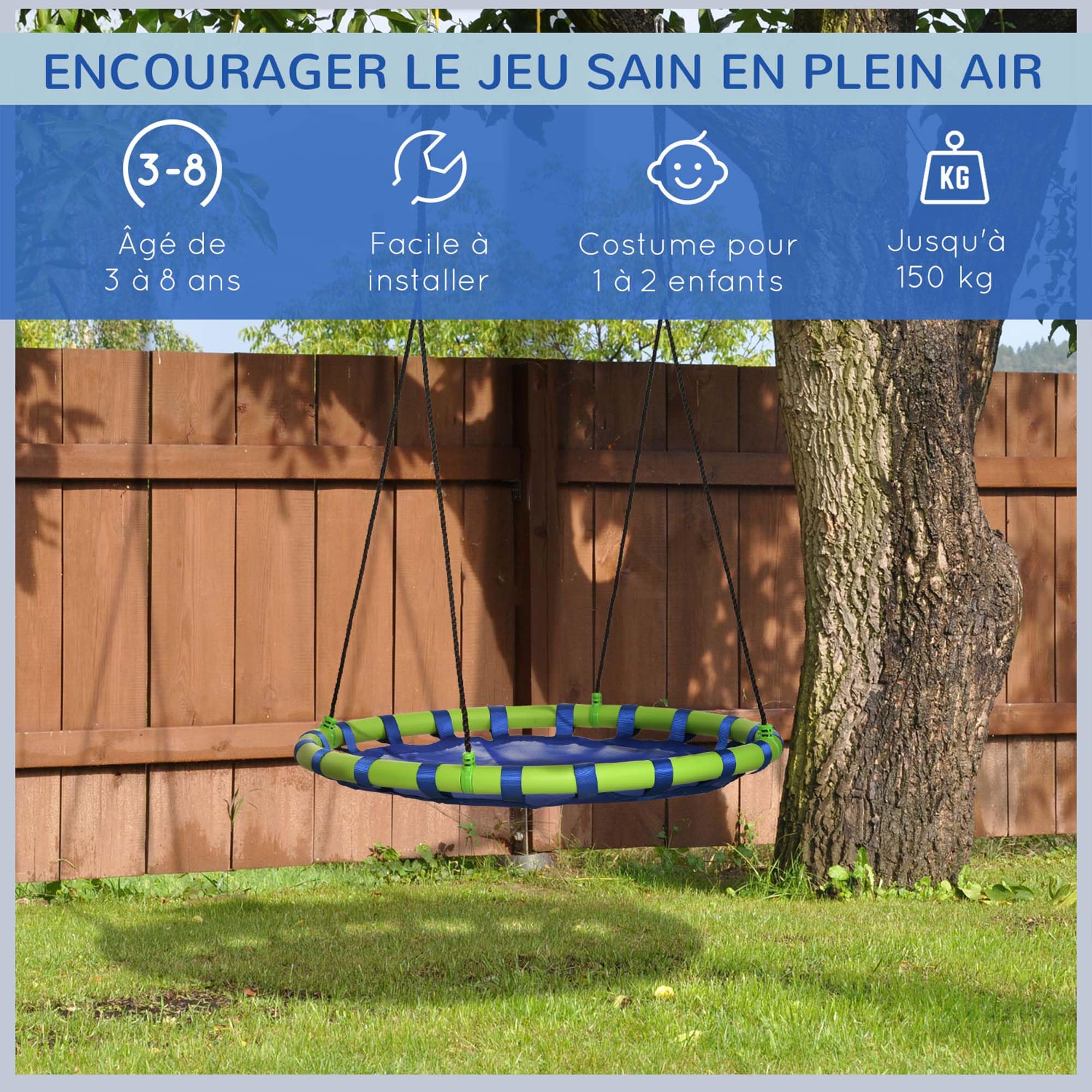Outsunny Balançoire Nid d'Oiseau Ronde Ø 100 cm Réglable Jardin Bleu | à Suspendre, Enfant Adulte, Capacité de Charge 150 kg, Extérieur, Cadre en Acier, Textilène