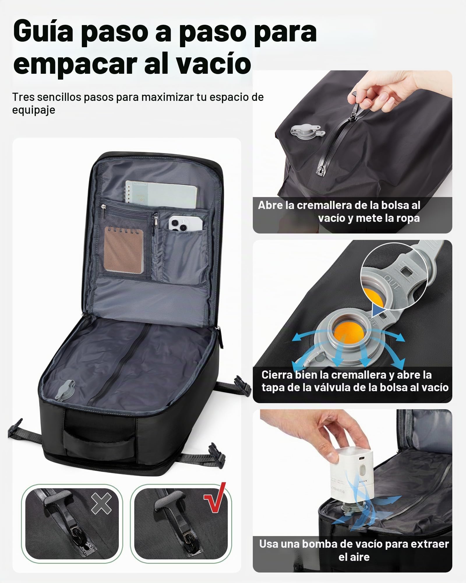 Mochila de Vacío con Bomba Eléctrica, Mochila Viaje Cabina Avion 40x30x20 Ryanair con Bolsas Vacio,Mochilas Portatil Cabina Avion Impermeable Travel Backpack