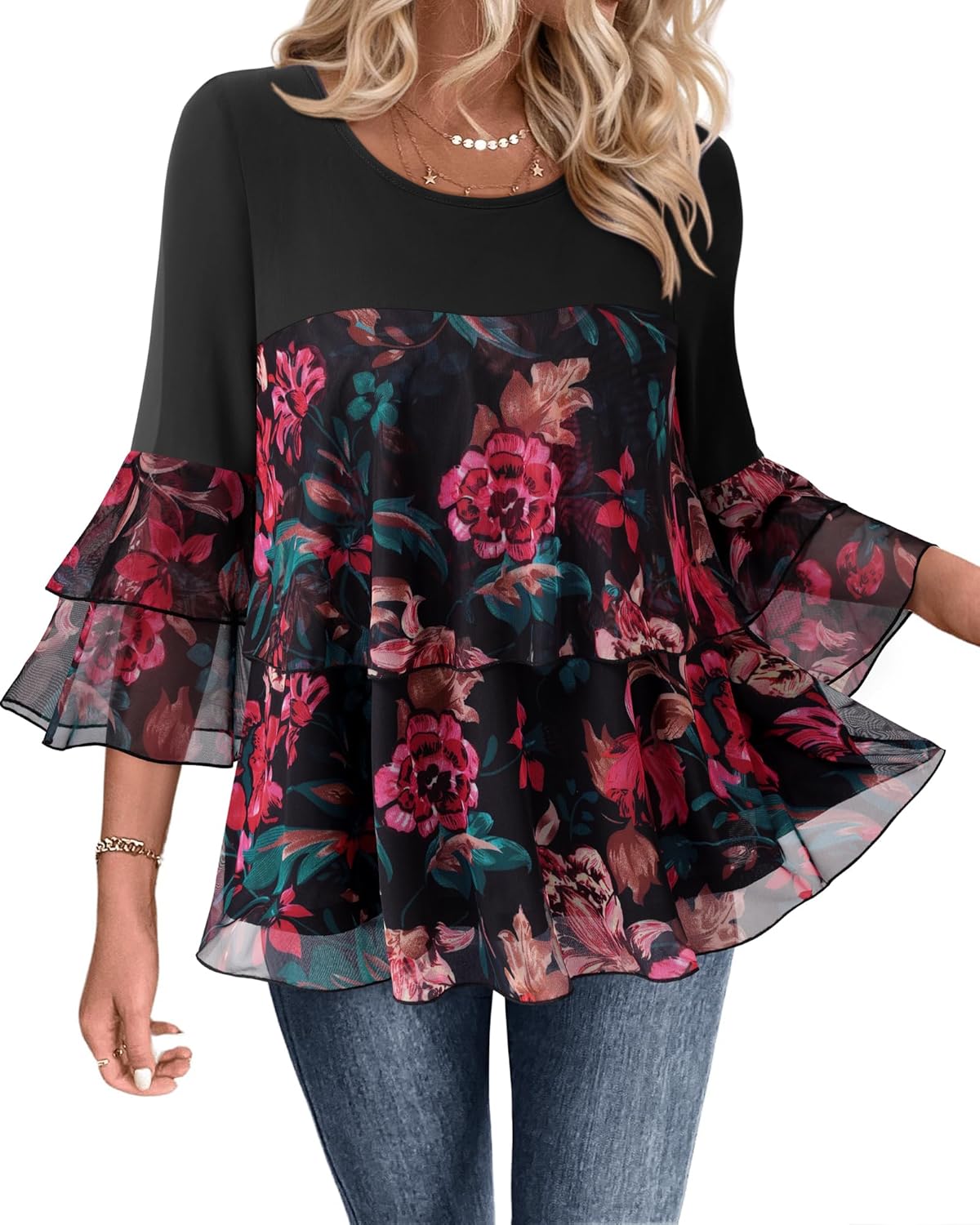 Bebonnie Womens Dressy Sparkly Peplum Tops 3/4 Sleeve Ruffles Elegant Evening Flowy Blouses