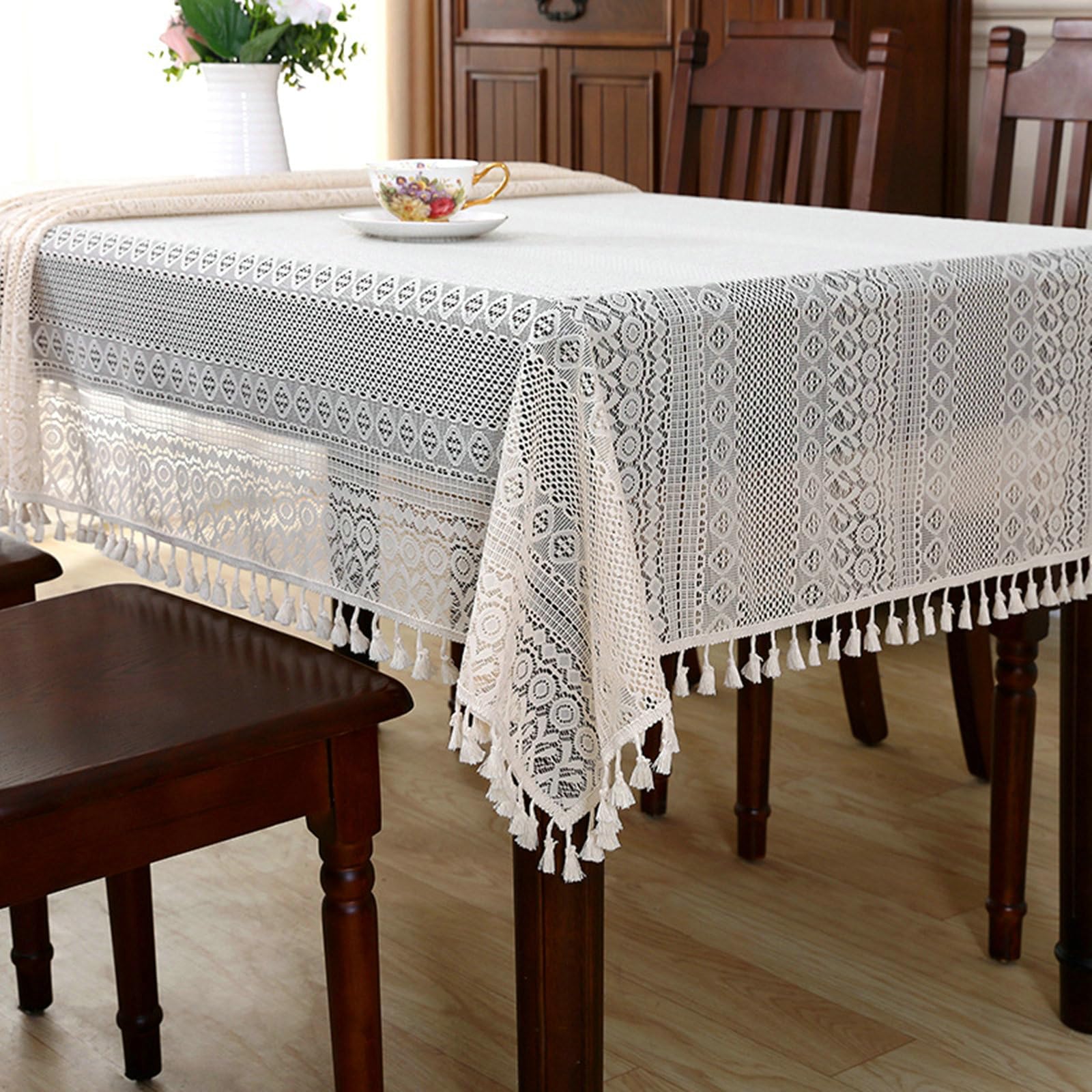 Tischdecke 150x270 cm, Hohl mit Quasten Polyester, Beige