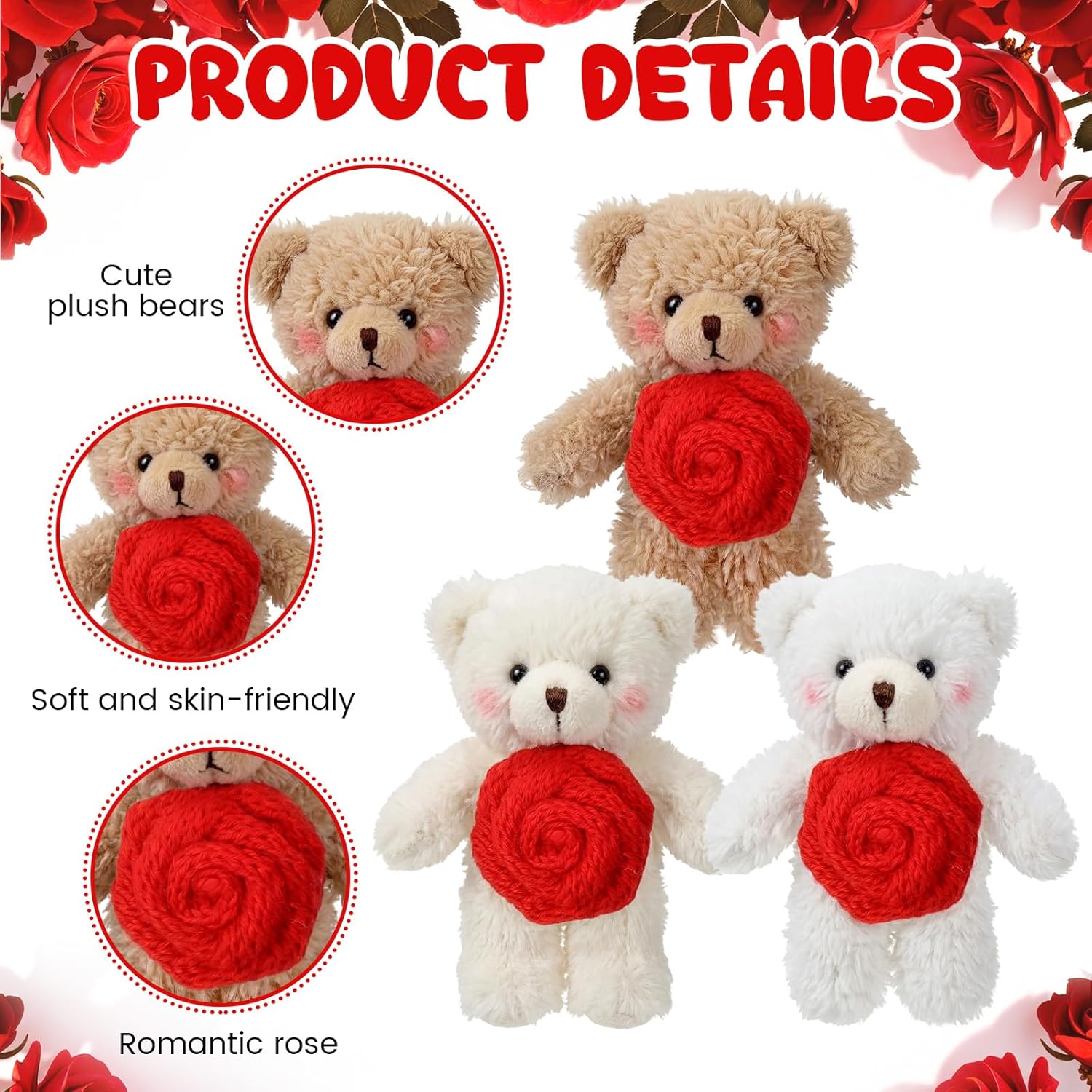Jenaai 24 Pcs Valentine's Day Mini Teddy Bear Bulk, 5.1 Inch Valentines Day Stuffed Animals Soft Plush Toys for Kids Grils Boys Birthday Gifts Party Favors Wedding Supplies(Rose Bear)