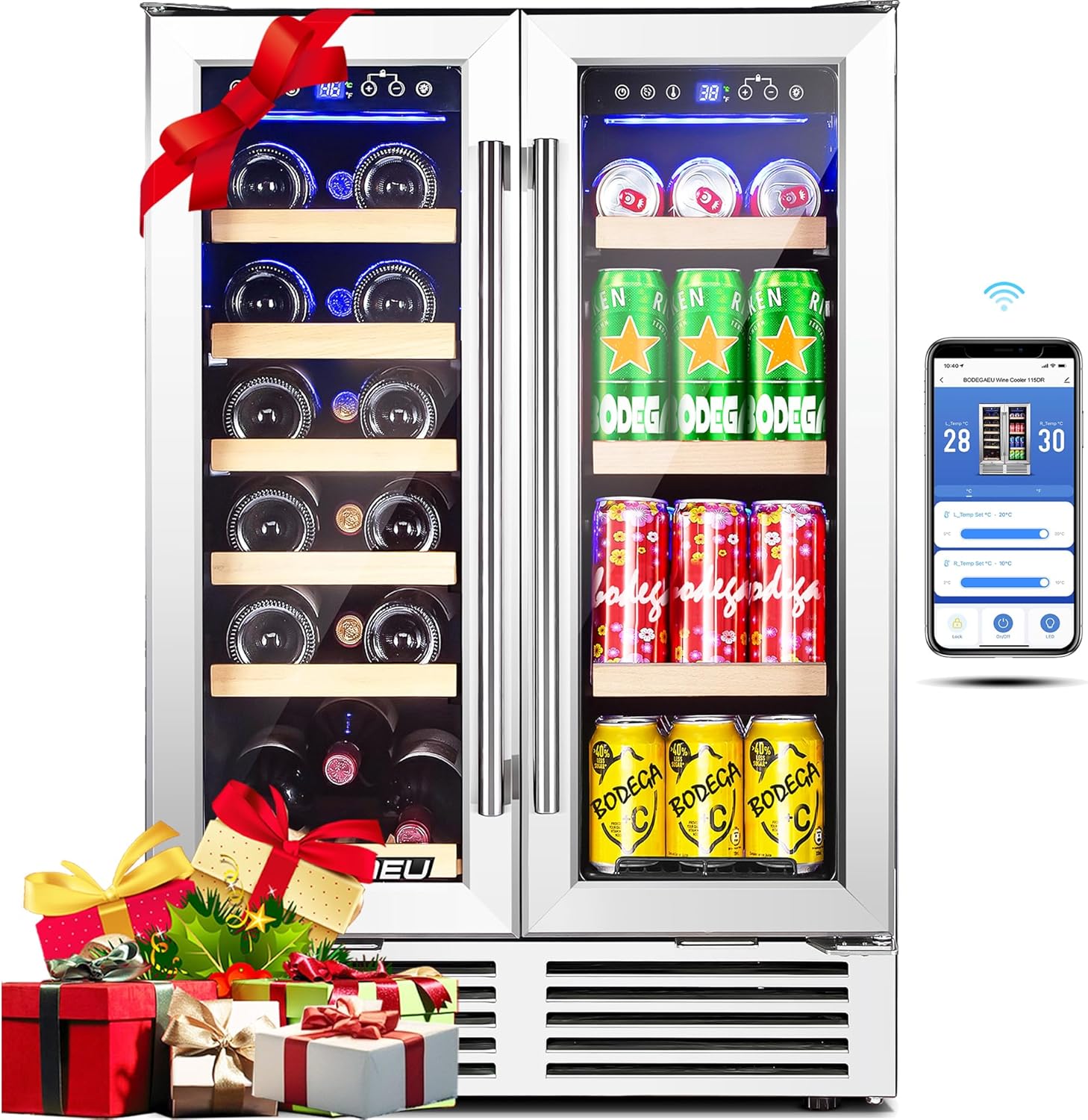 BODEGA 24 Inch Wine and Beverage Refrigerator, 2 Door Commercial Back Bar Cooler, Dual Zone Wine Cooler with Smart APP Control, Black Bar Fridge Hold 19 Bottles and 57 Cans, Built-In or Freestanding.